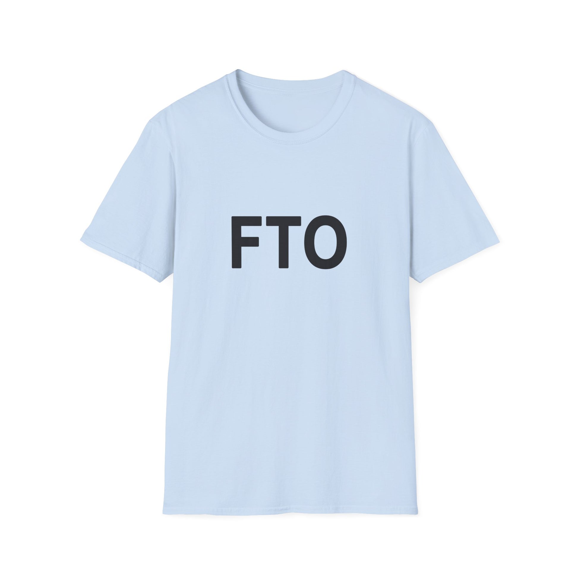 Light blue t-shirt with 'FTO' printed on it against a white background