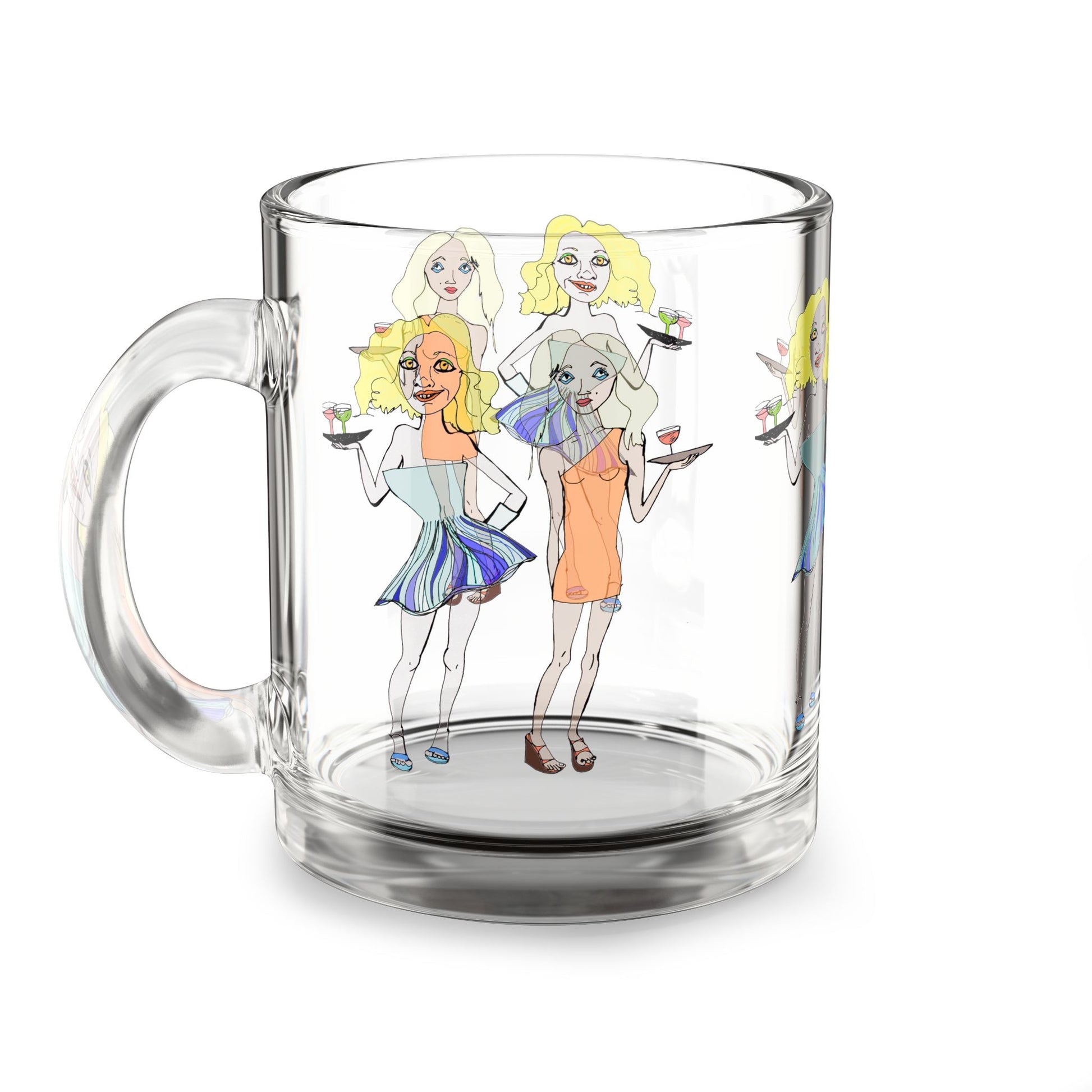 Front view of clear glass mug featuring waitress illustration in color.
