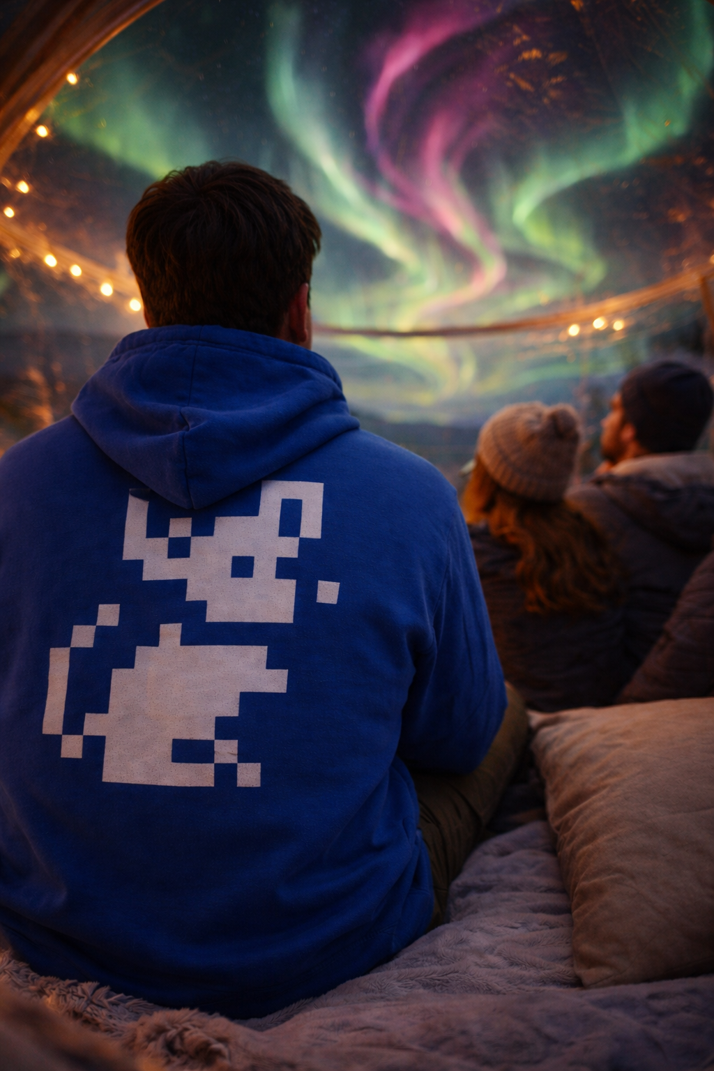Person wearing blue hoodie with pixel mouse graphic outdoors under colorful night sky