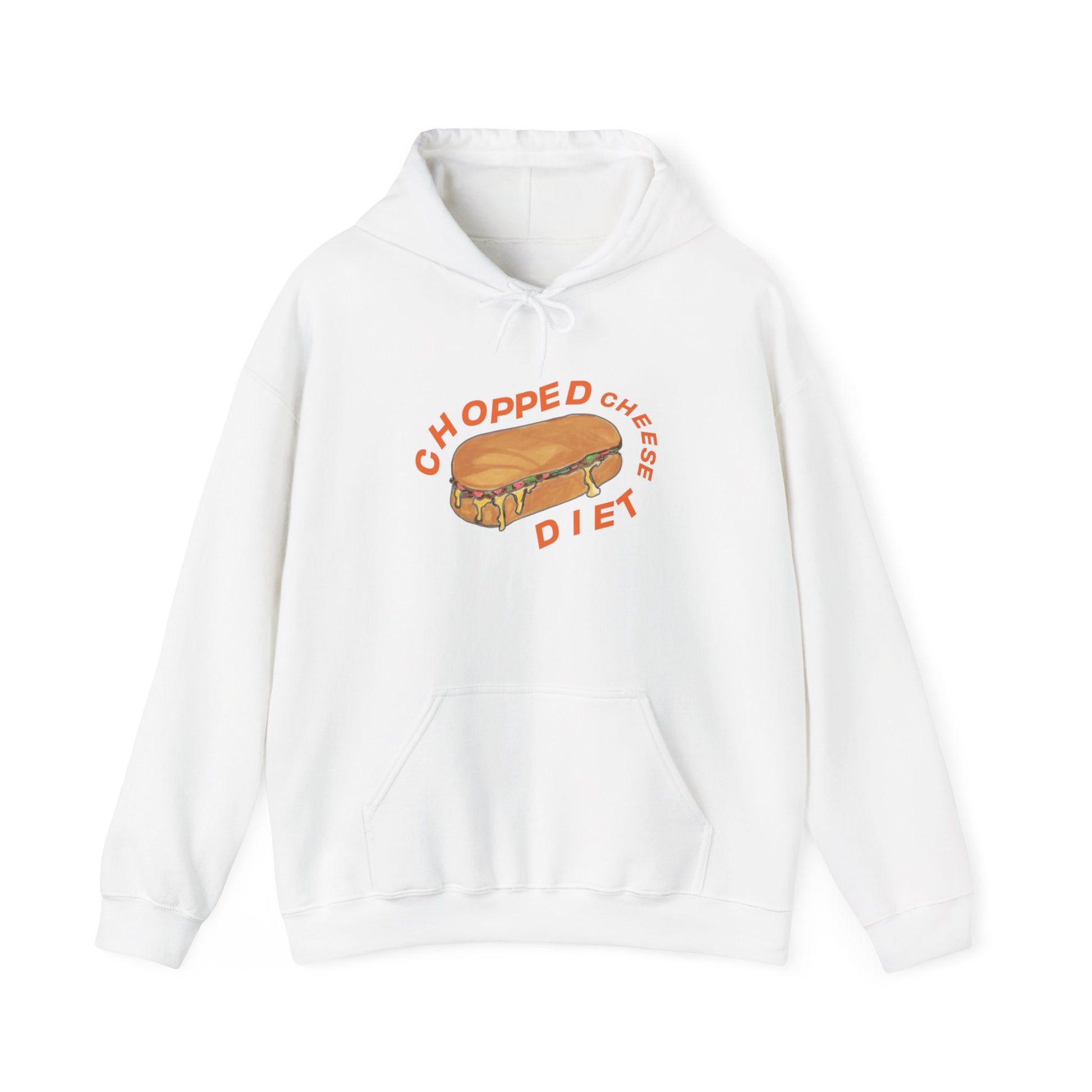 White hoodie with “Chopped Cheese Diet” text and illustrated chopped cheese sandwich graphic on front.