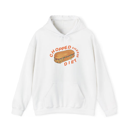 White hoodie with “Chopped Cheese Diet” text and illustrated chopped cheese sandwich graphic on front.