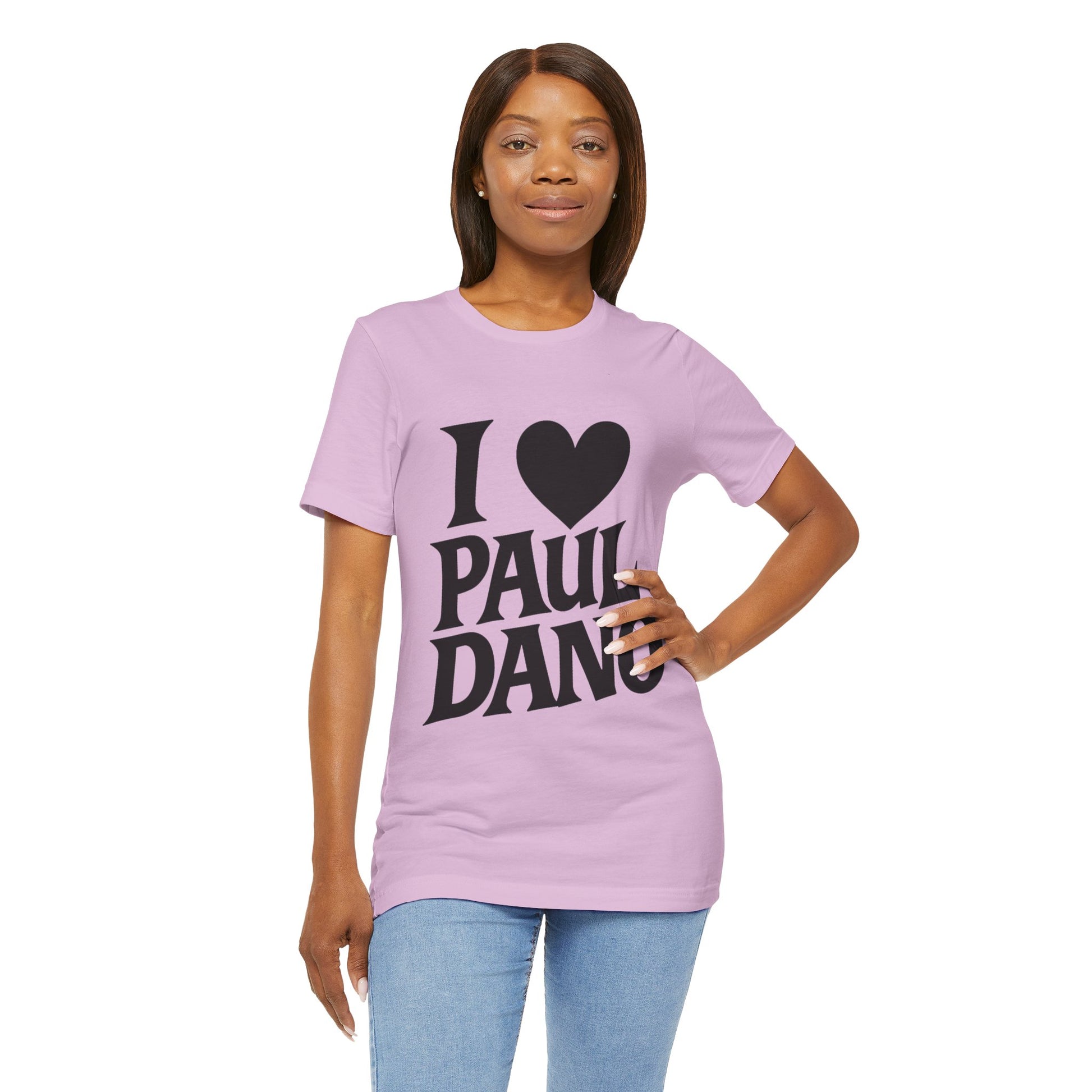 Woman wearing a purple t-shirt with 'I ❤️ Paul Dano' text on a white background