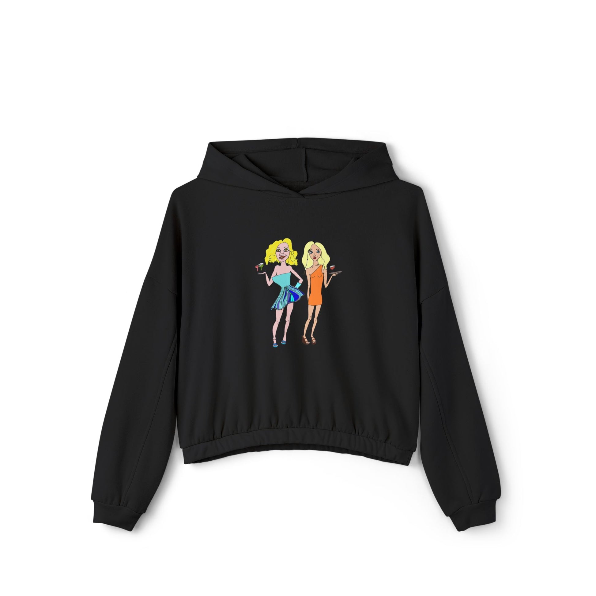 Flat lay of black waitress hoodie with original hand-drawn art.