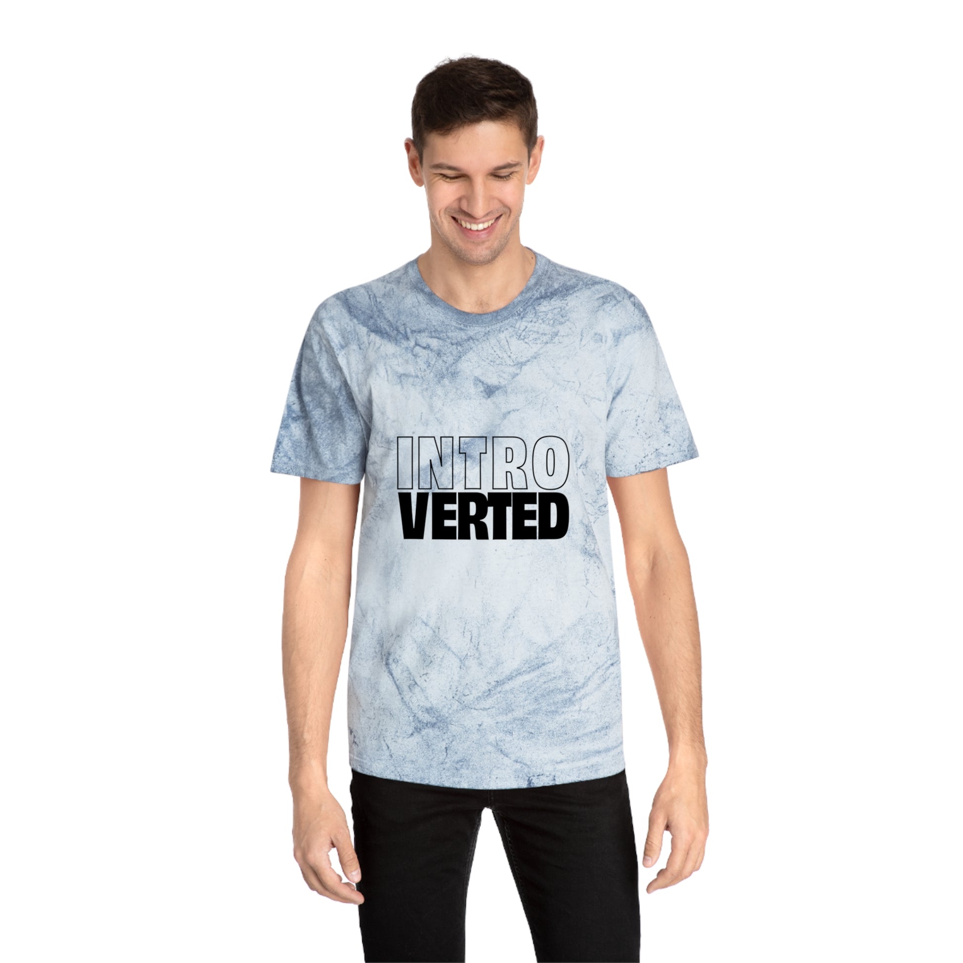 Man wearing blue tie-dye Introverted Color Blast T-Shirt