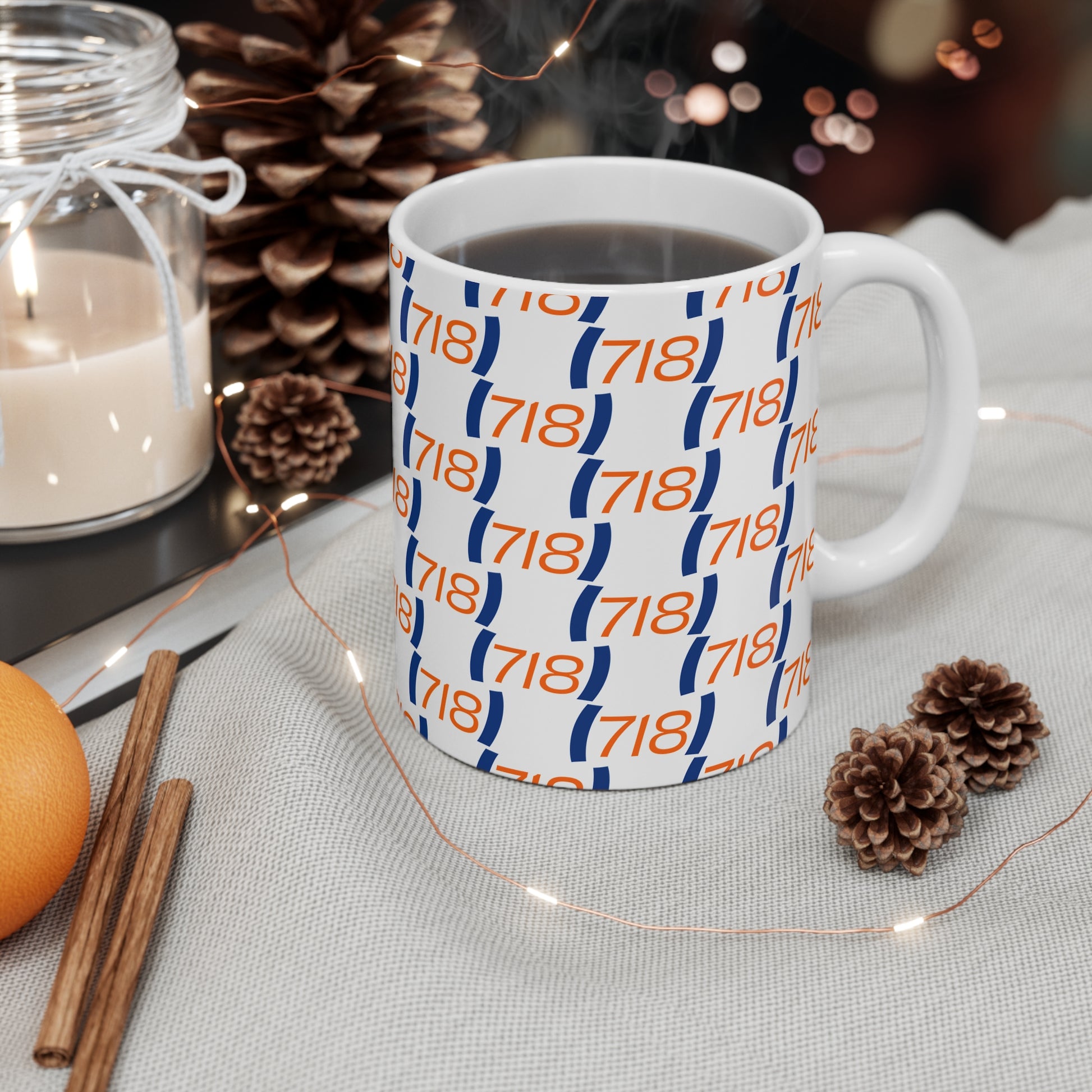 718 New York coffee mug ceramic cup lifestyle shot NYC area code mug with coffee setup
