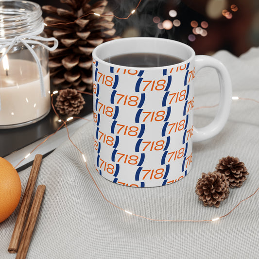 718 New York coffee mug ceramic cup lifestyle shot NYC area code mug with coffee setup
