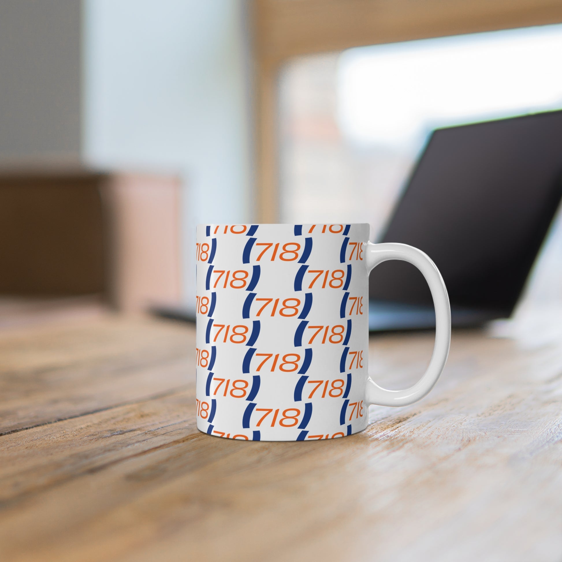 718 New York coffee mug on desk scene ceramic NYC mug with area code design