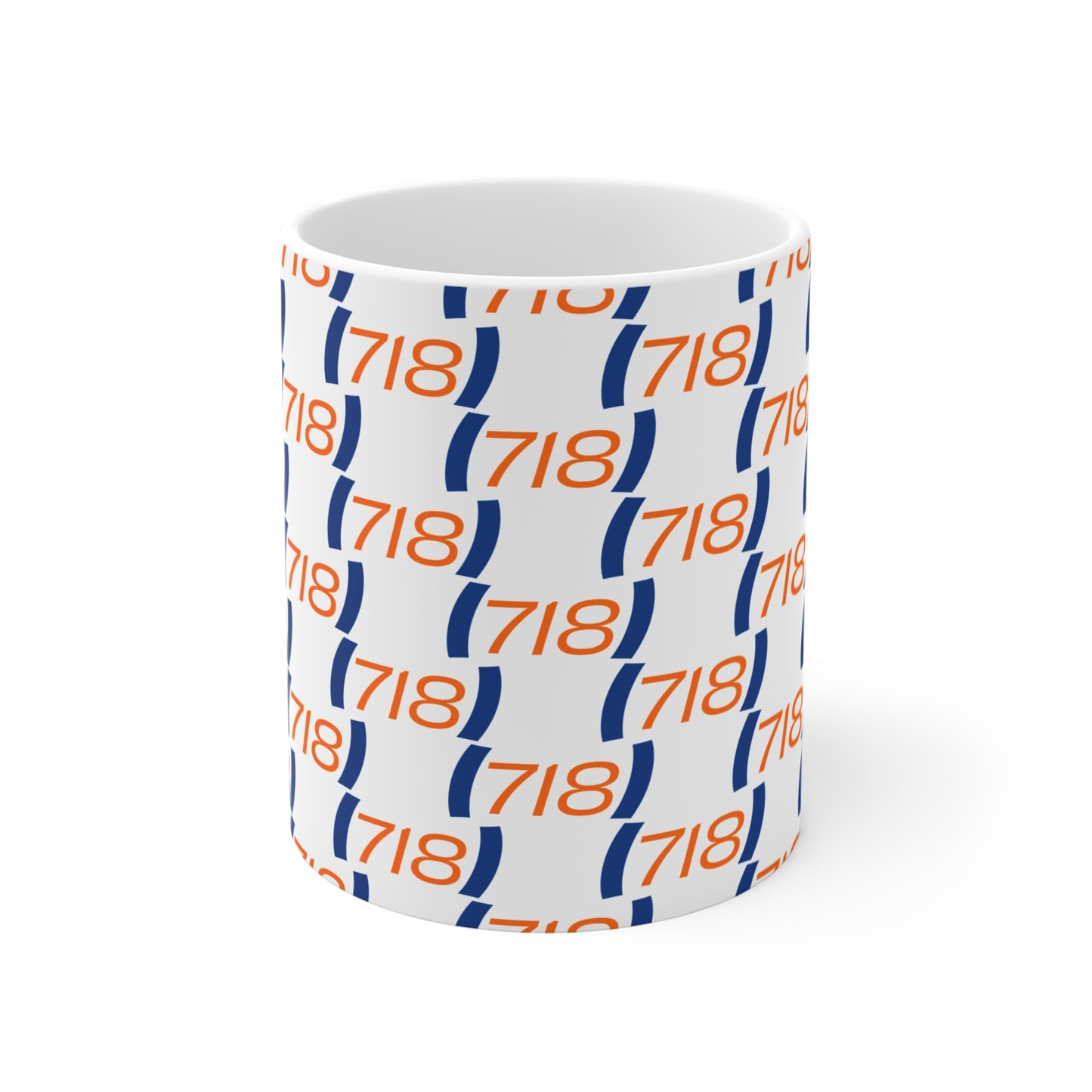 718 New York coffee mug front view ceramic mug with repeated NYC area code pattern