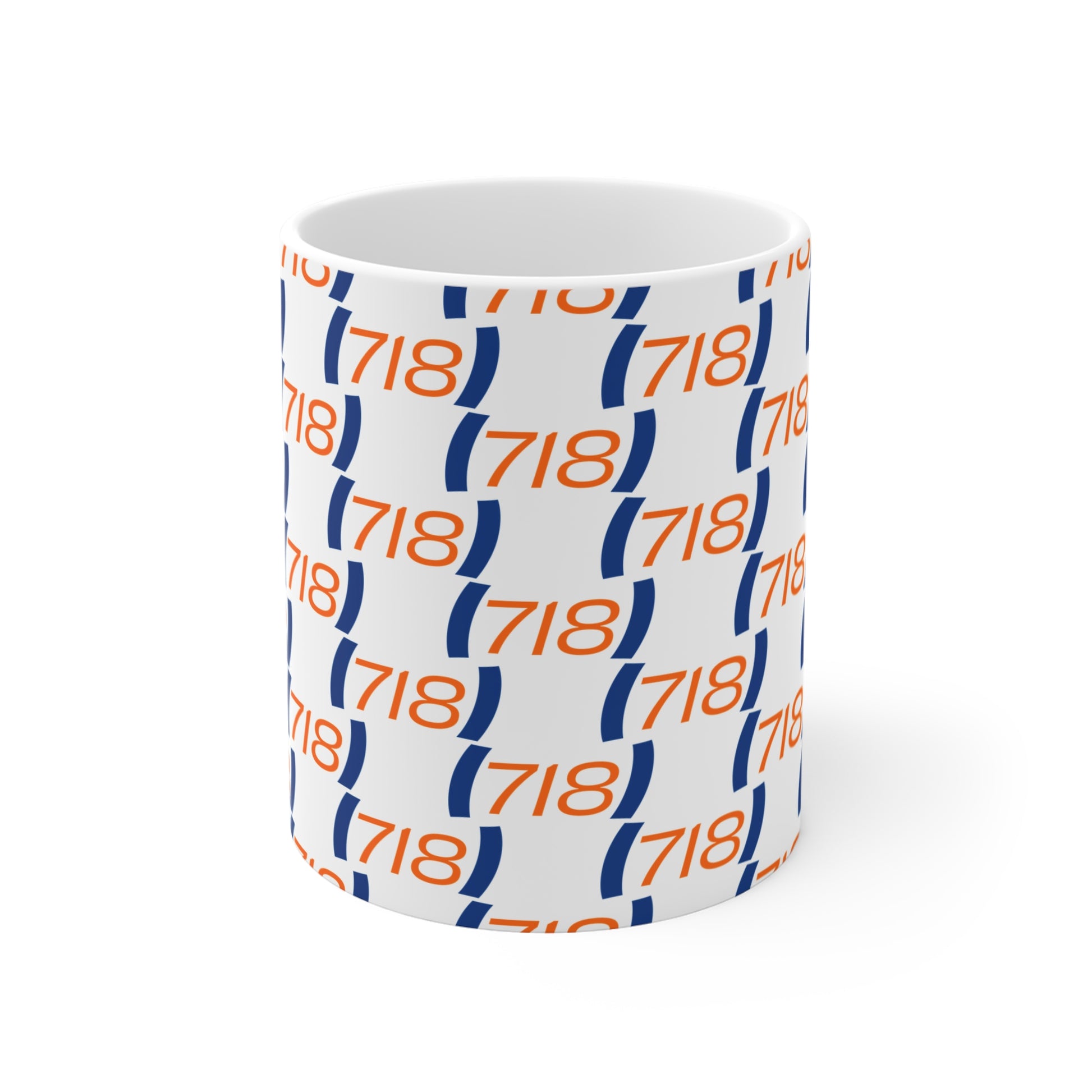 718 New York coffee mug front view ceramic mug with repeated NYC area code pattern