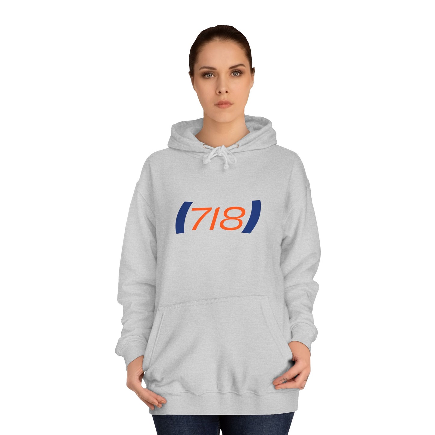 Female model wearing 718 New York hoodie grey streetwear sweatshirt NYC area code