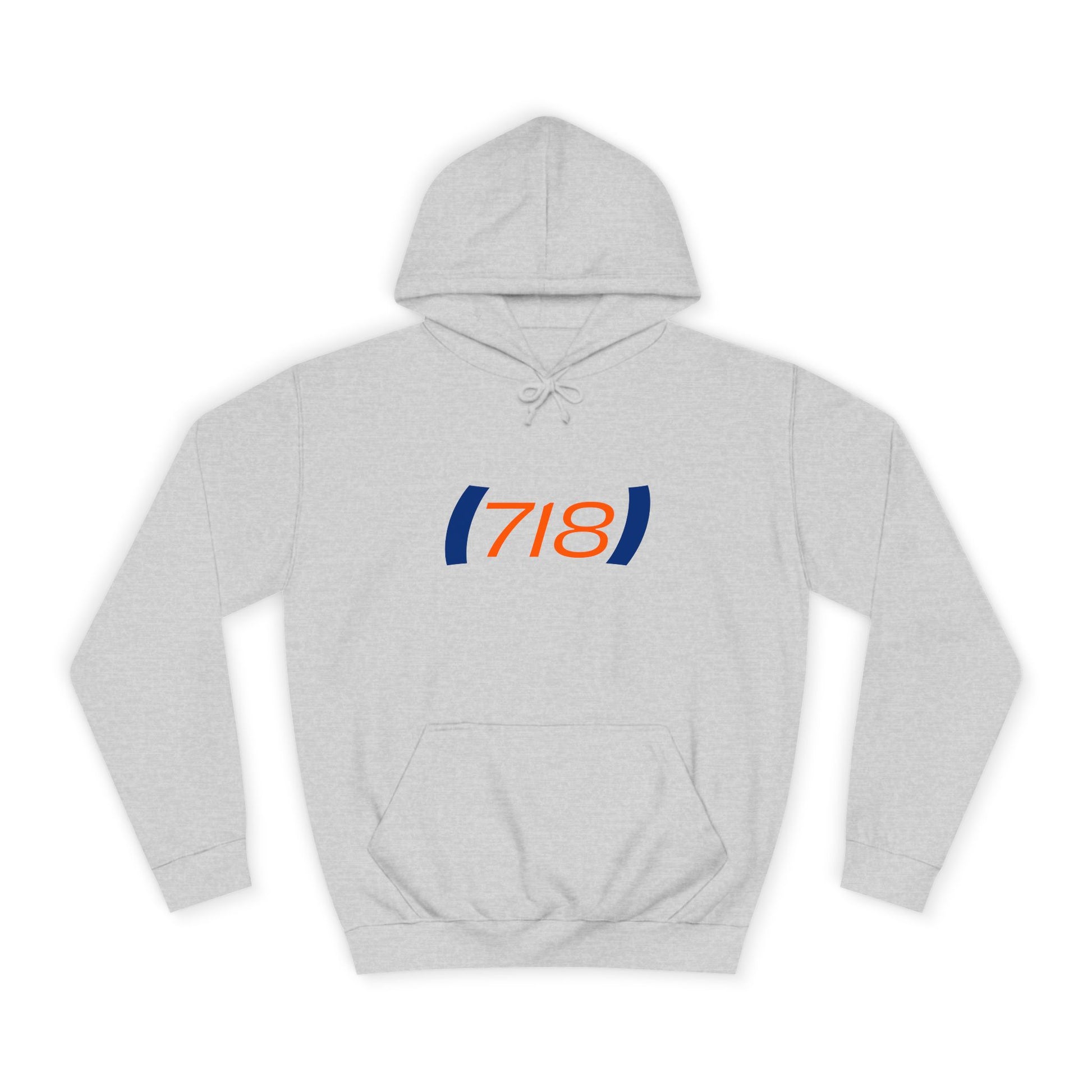Full body view of 718 New York hoodie grey streetwear sweatshirt casual fit NYC design