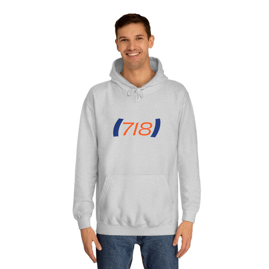 Male model wearing 718 New York hoodie grey streetwear sweatshirt NYC area code design