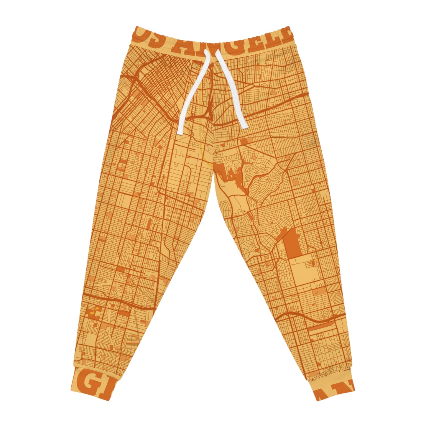 Flat lay of orange Los Angeles map print joggers front view showing waistband and drawstring.
