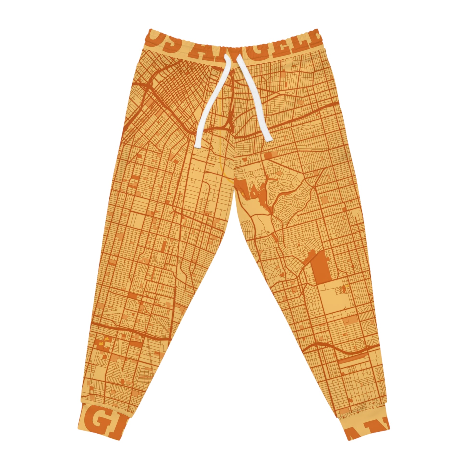Flat lay of orange Los Angeles map print joggers front view showing waistband and drawstring.