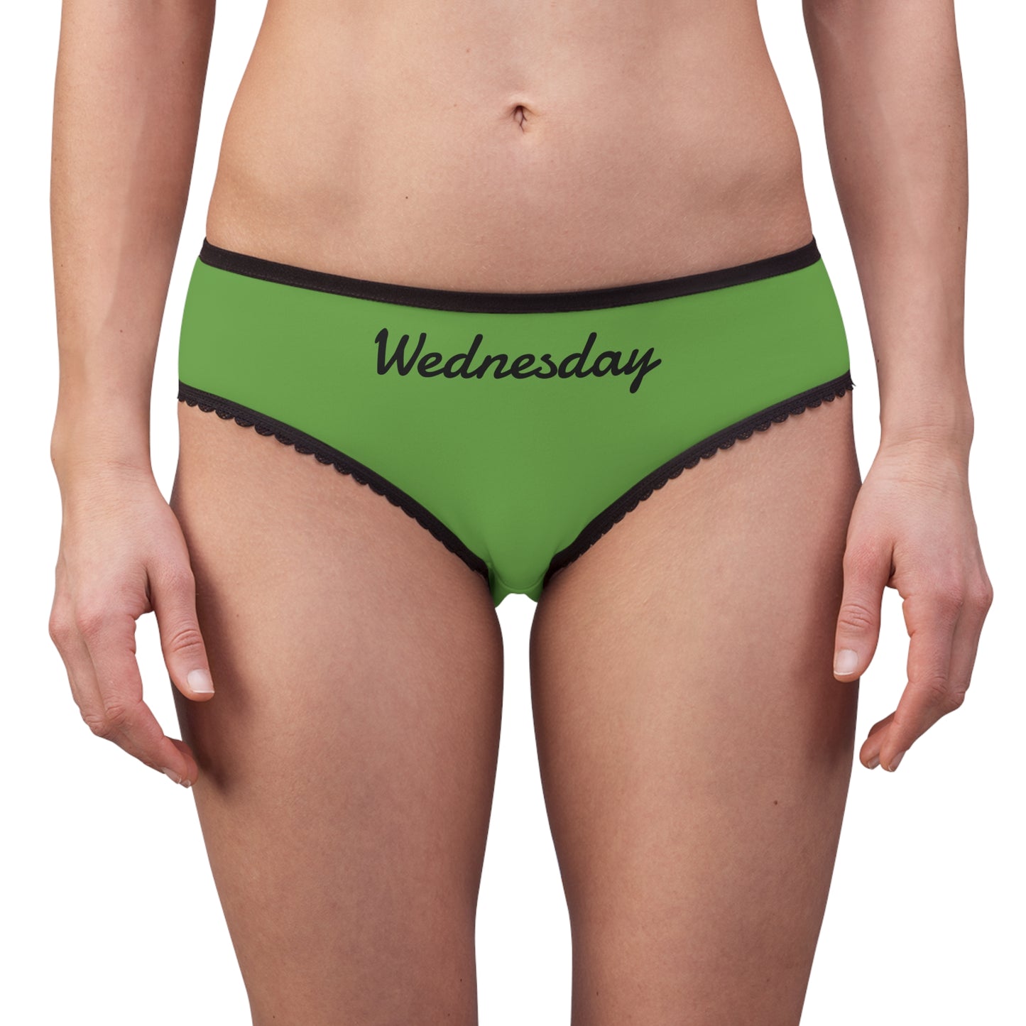 woman wearing wednesday underwear green briefs black trim front view