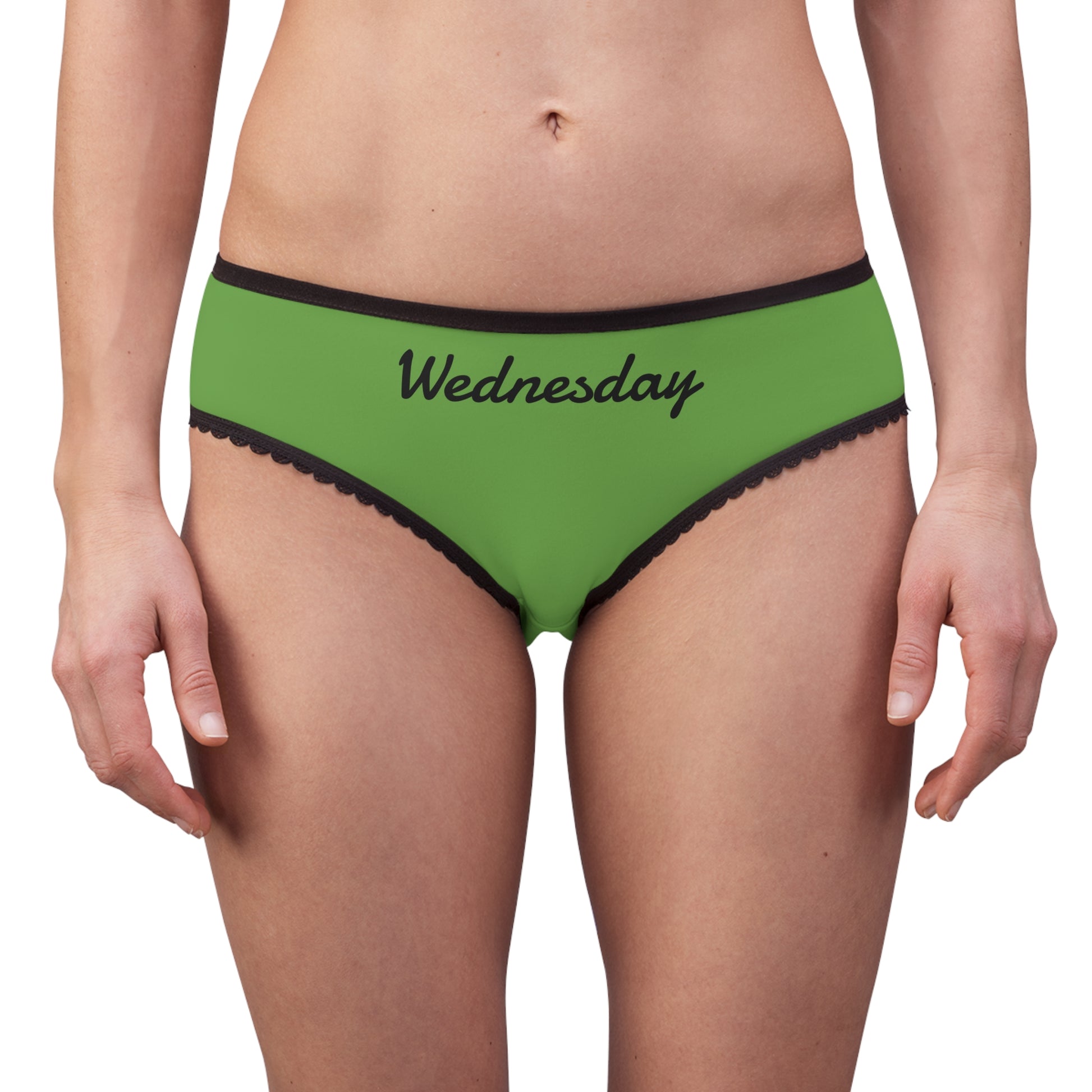 woman wearing wednesday underwear green briefs black trim front view