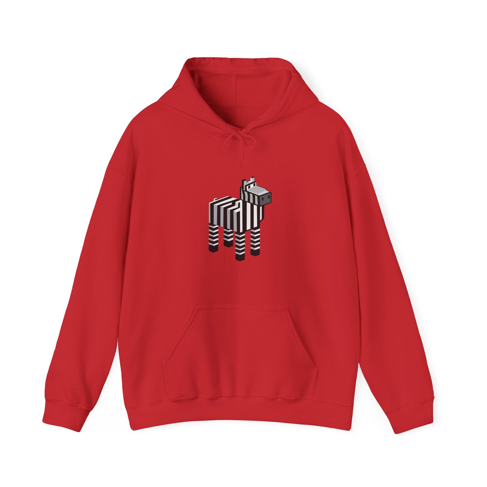 Arcade Zebra Hooded Sweatshirt – Retro Gaming Pixel Hoodie in red showing pixel zebra graphic on front