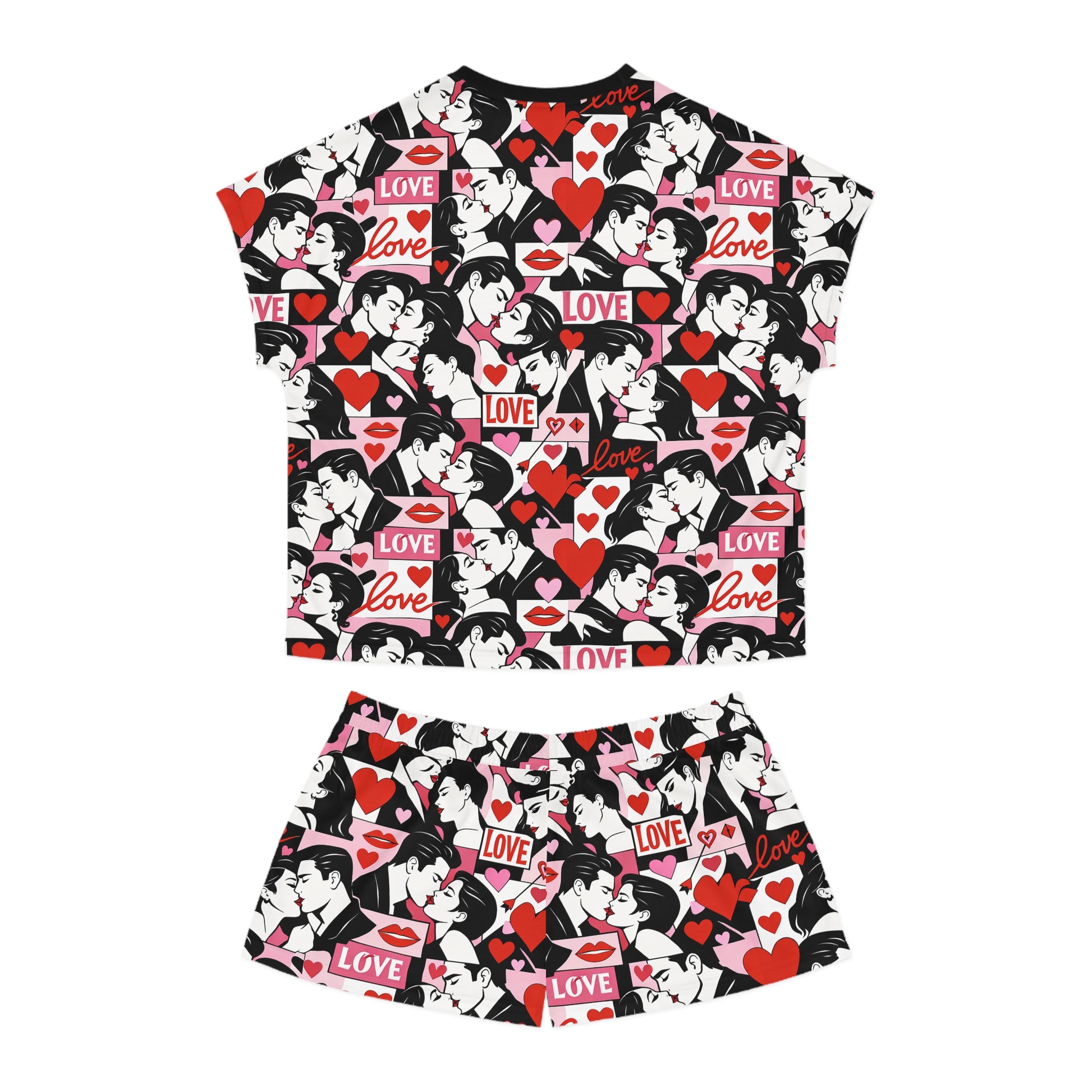 Alternate front angle of women’s pop art love print pajama set with heart and kiss design