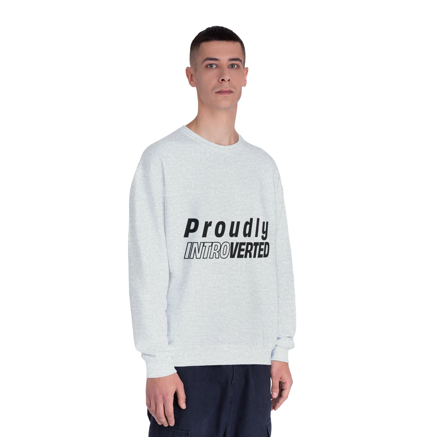 Male model in grey Proudly Introverted Sweatshirt front view