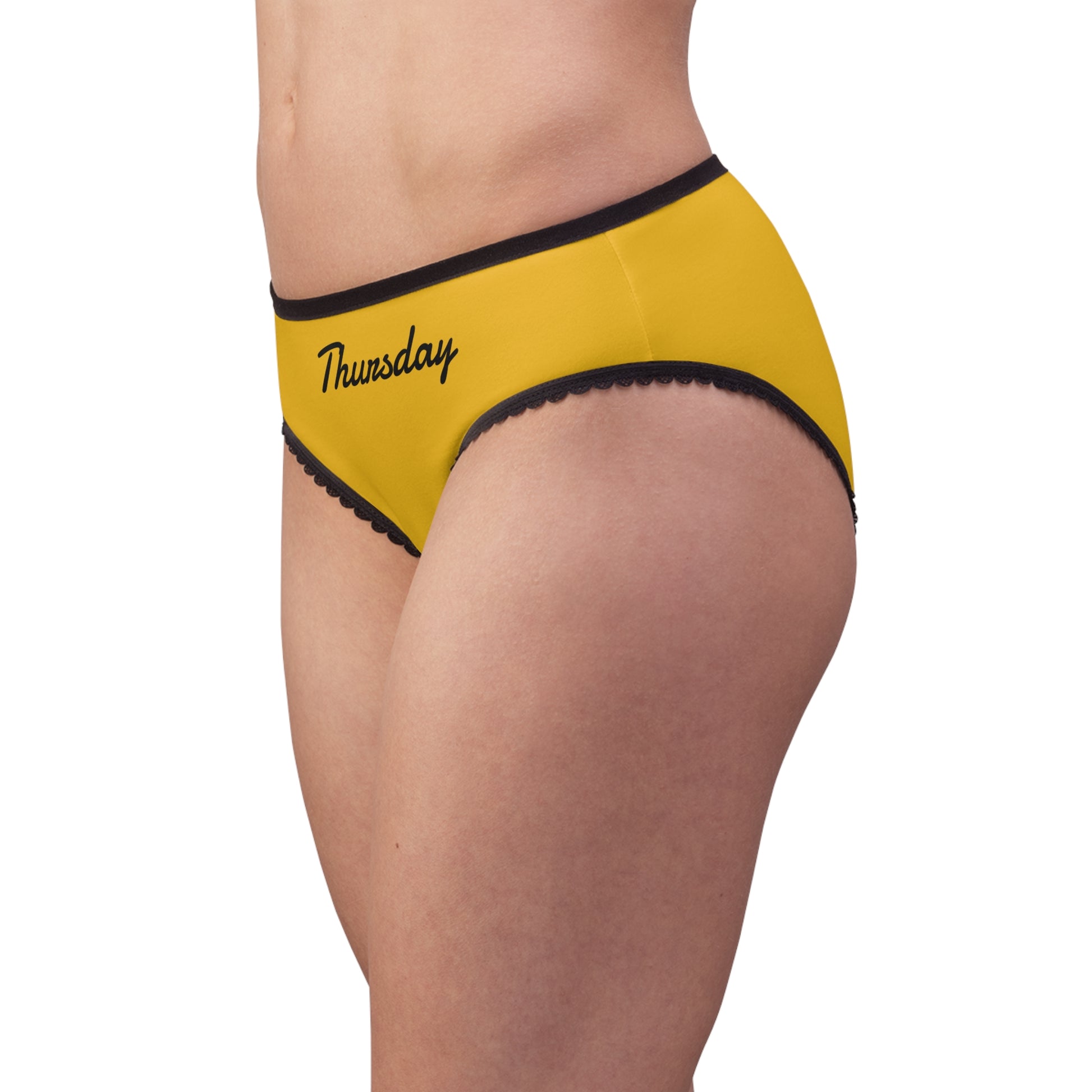 woman wearing thursday panty side view yellow briefs black trim