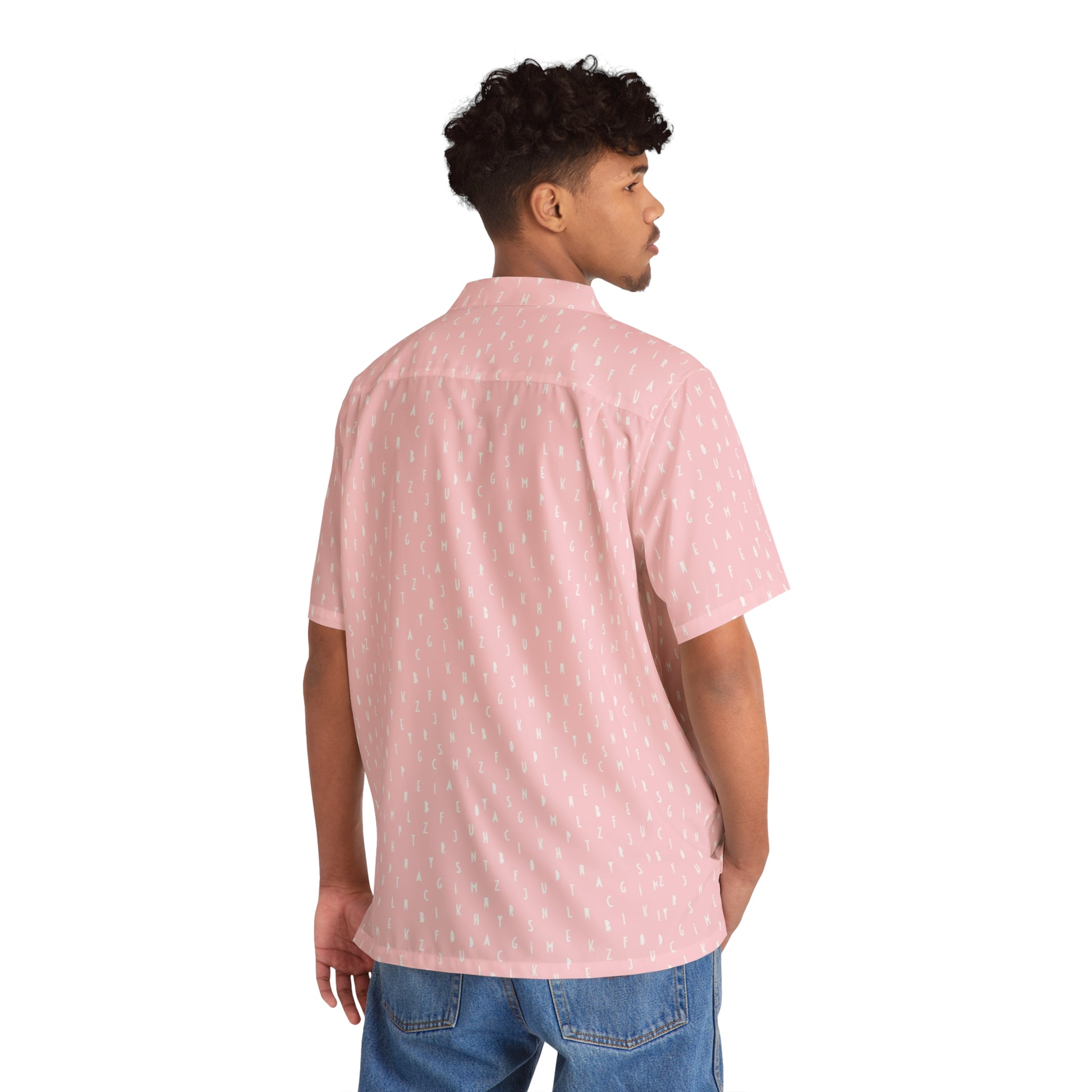 mens pink letter print shirt back model casual button up