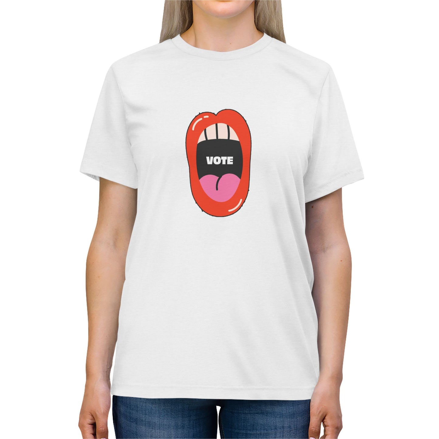 Woman wearing white Vote T-Shirt with bold mouth graphic front view