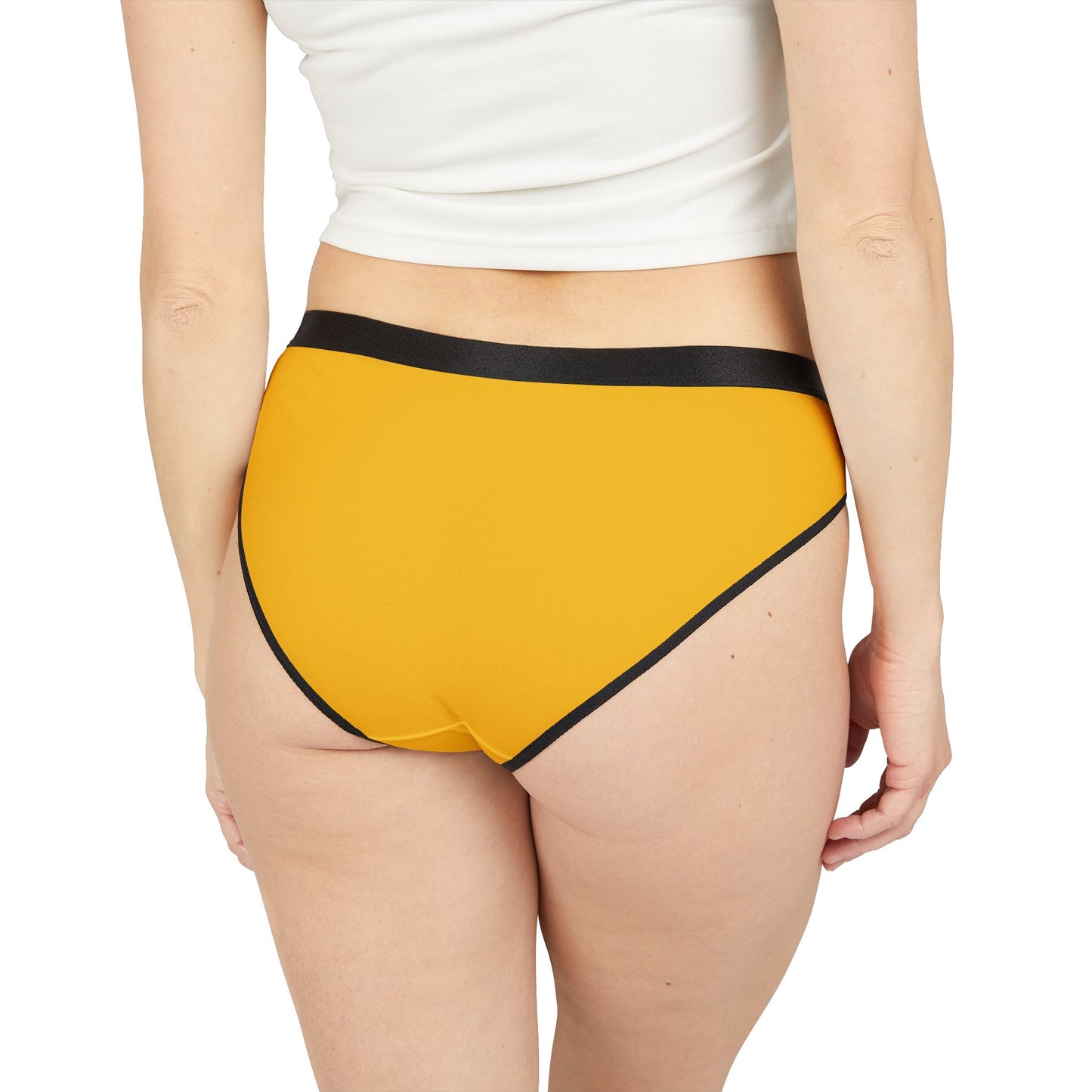 Yellow underwear with black trim on a white background