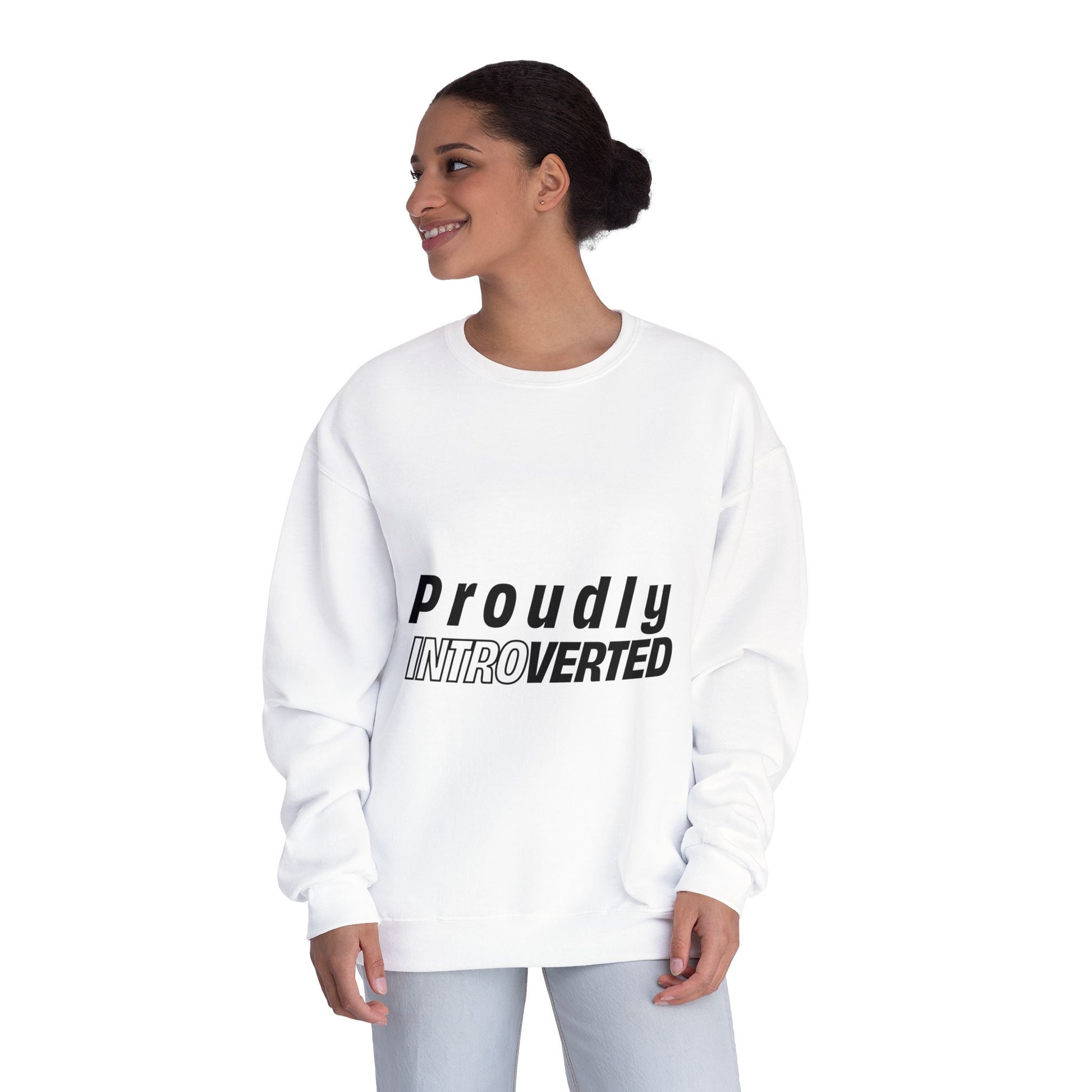 Female model wearing Proudly Introverted Sweatshirt in white, smiling