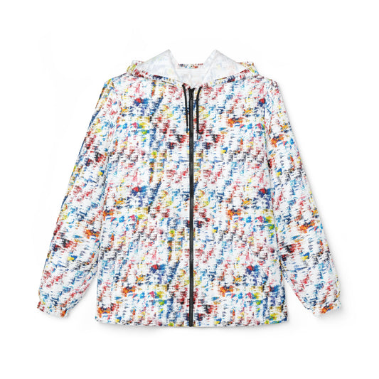 Front view of Tie-Dye Unisex Windbreaker Jacket with vibrant multicolor pattern and black zipper.