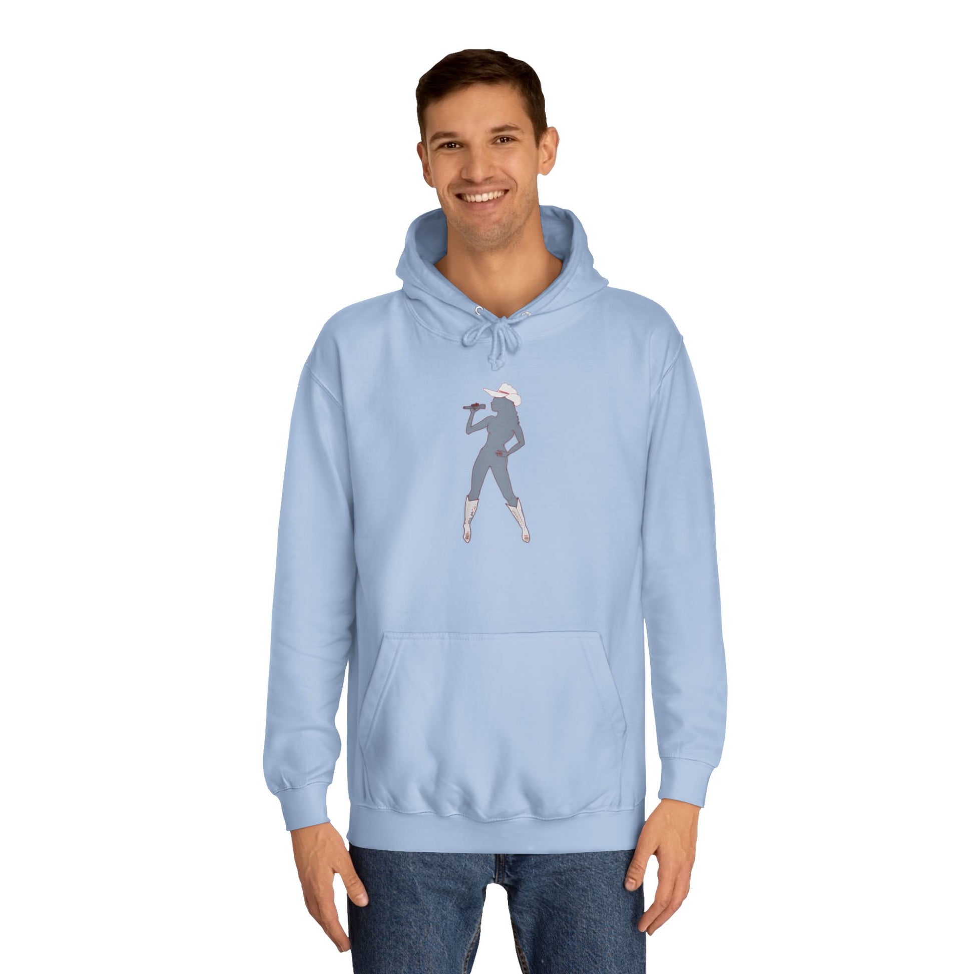 Light blue Bey Country Hoodie on male model front view studio.