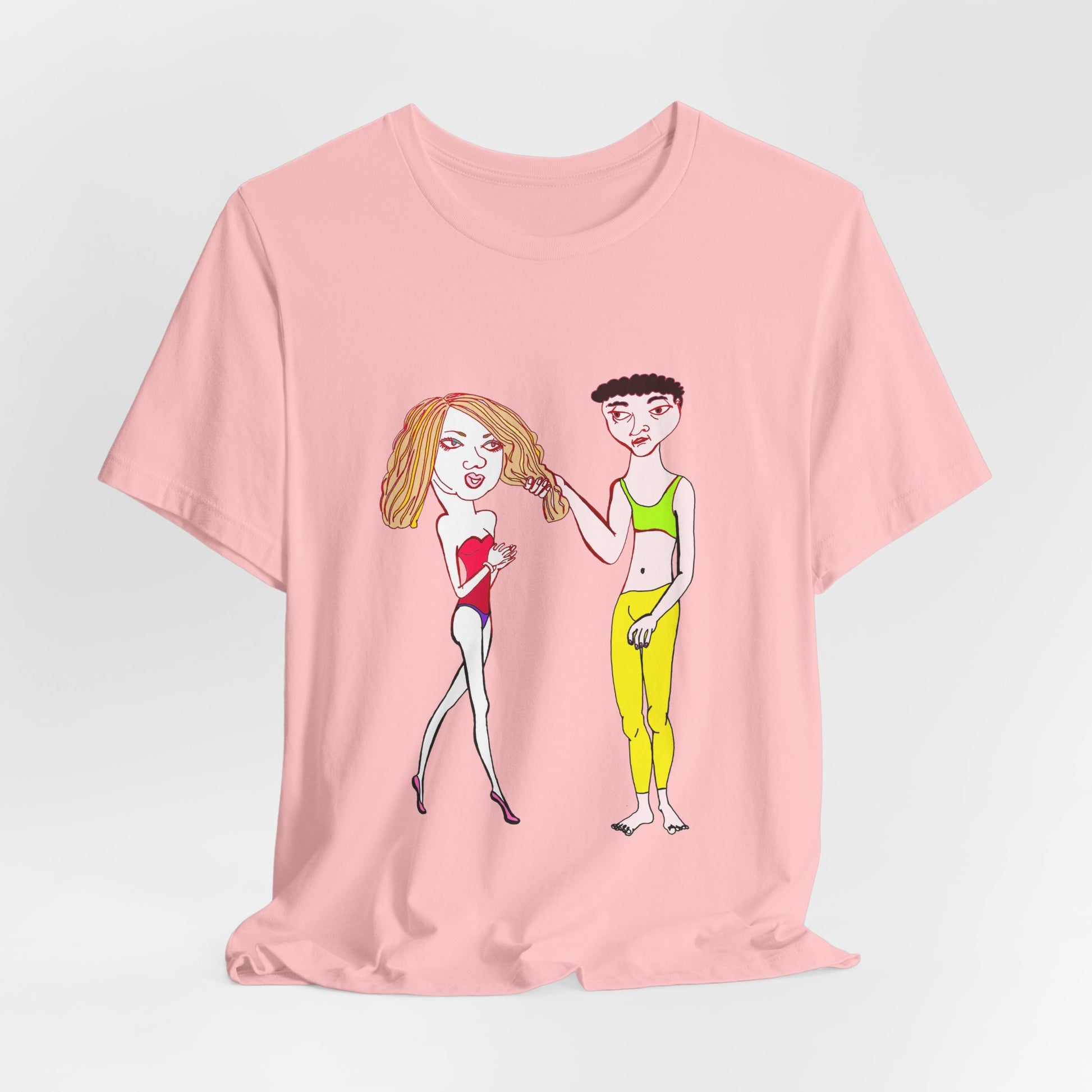 Flat lay of a pink Charlotte and Van hand-drawn couple tee with playful illustrated couple design centered.