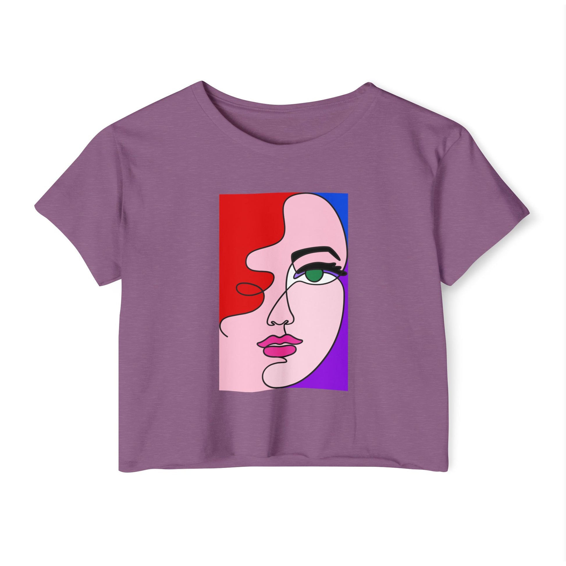 purple women’s graphic crop top with abstract face line art design front view