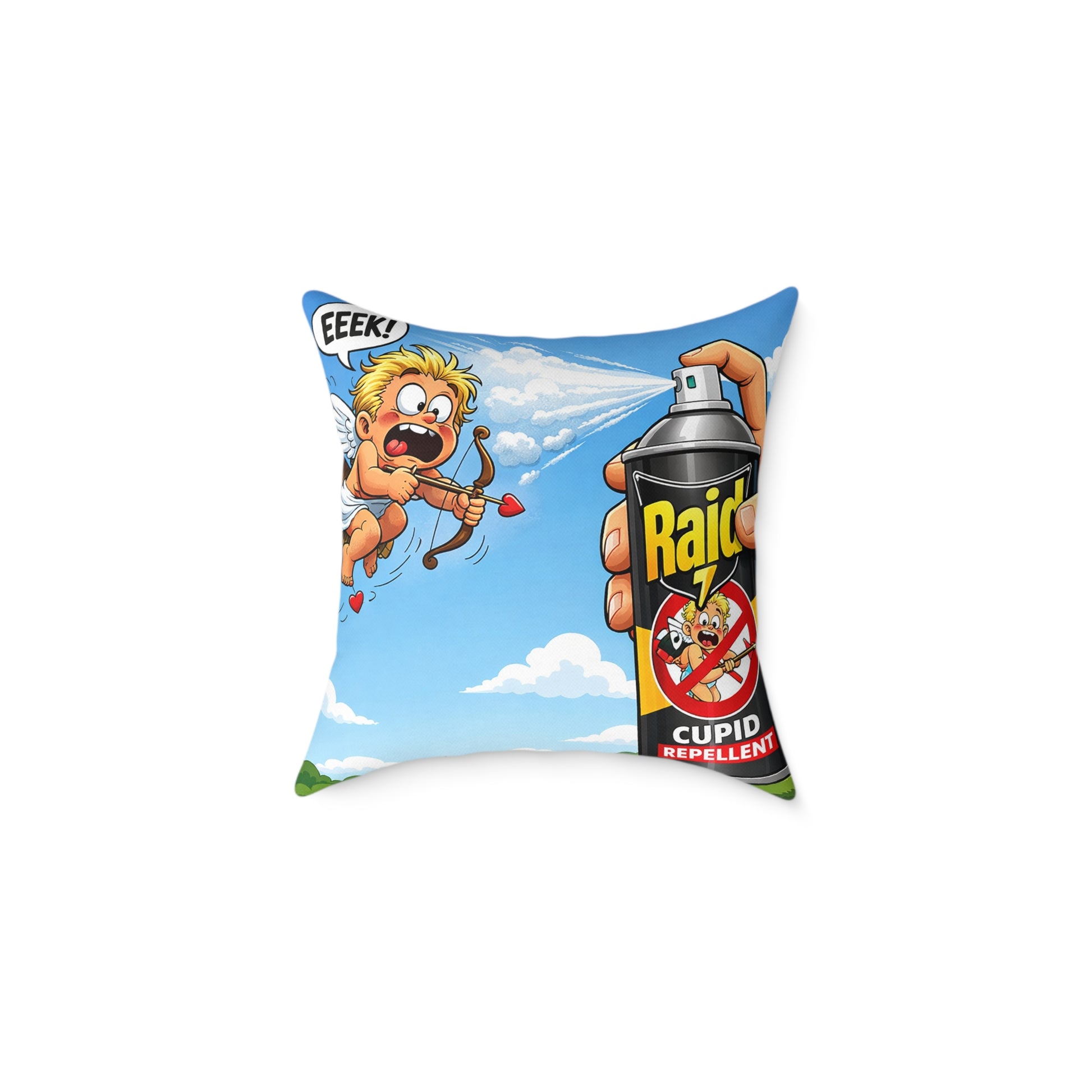 Square throw pillow with a cartoon Cupid flying away from a spray can labeled Cupid Repellent against a blue sky background.