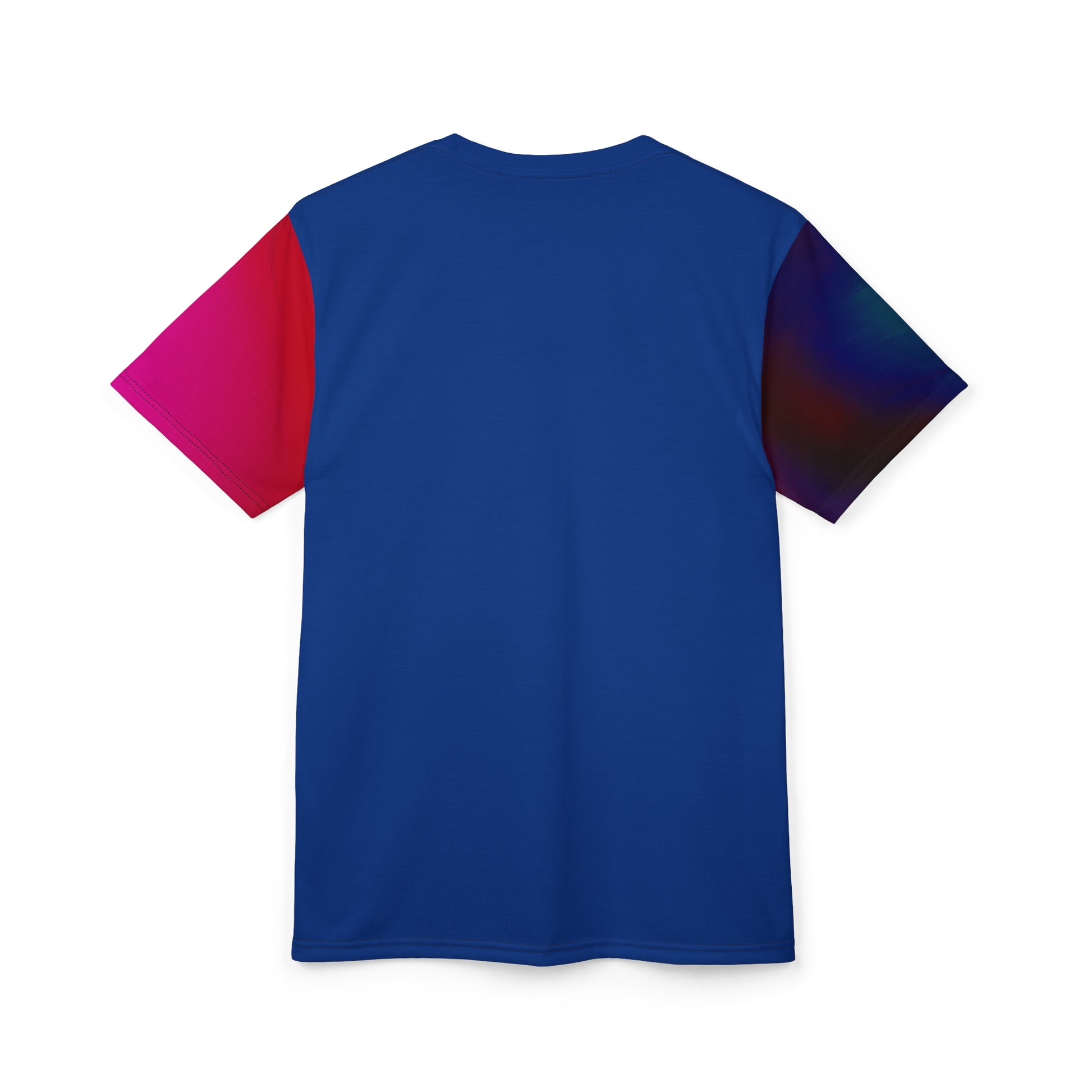 Back view of Acid Dream Unisex T-shirt in solid deep blue with contrasting sleeves