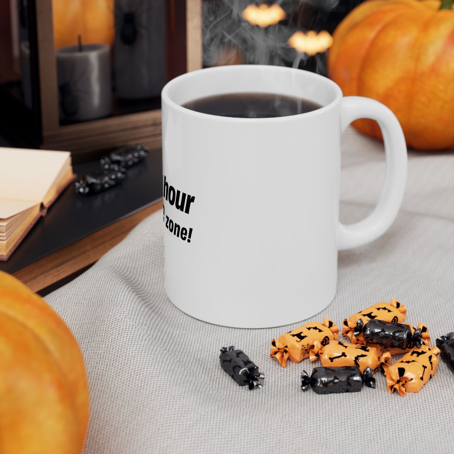 happy hour coffee mug with coffee and cookies lifestyle scene
