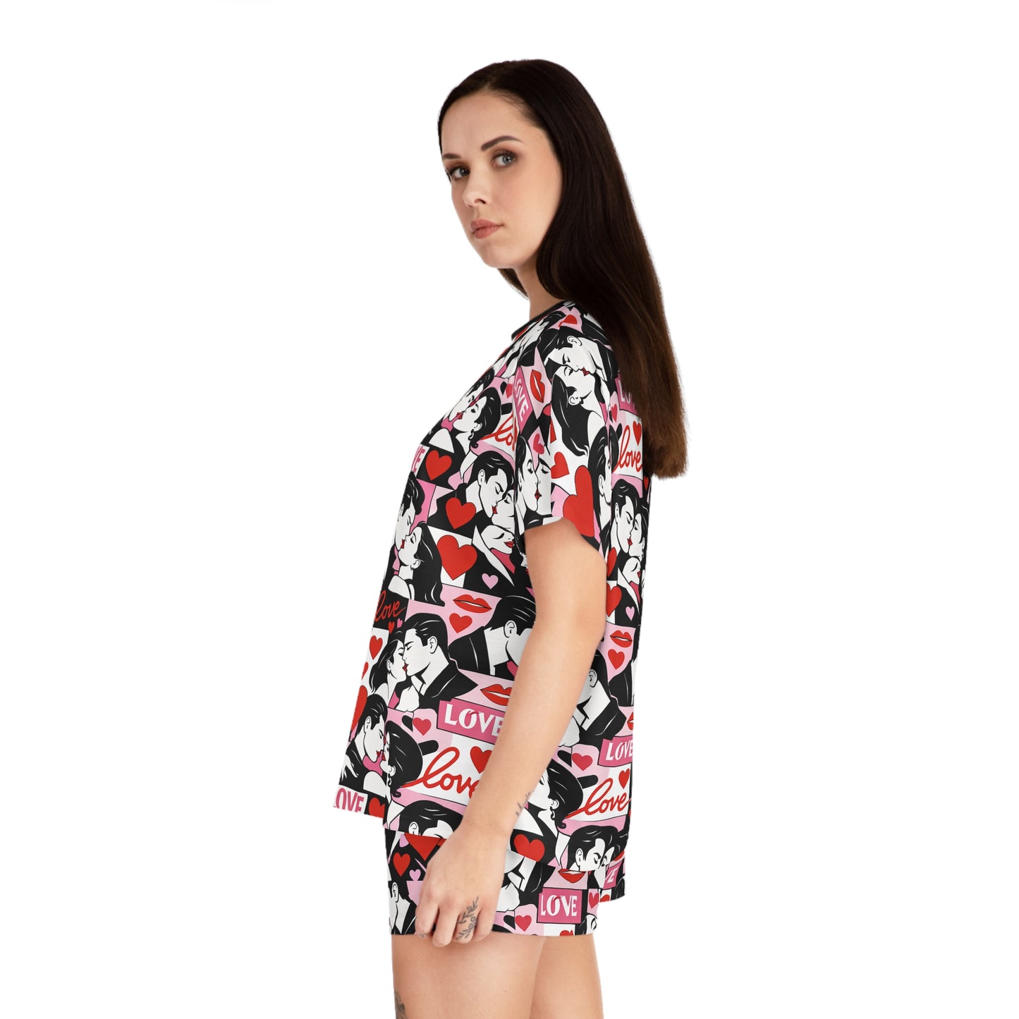 Alternate side view of women’s pop art pajama set highlighting fit and length