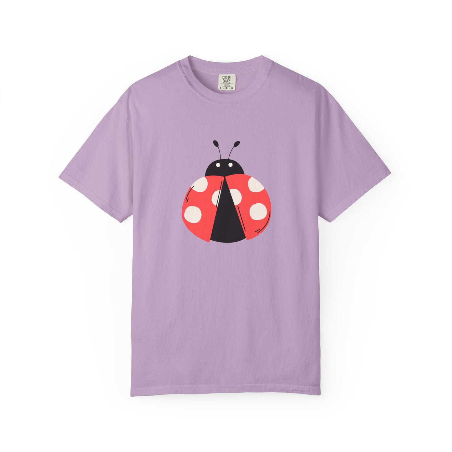 Lavender Lady Bug T-Shirt featuring a bold lady bug design.