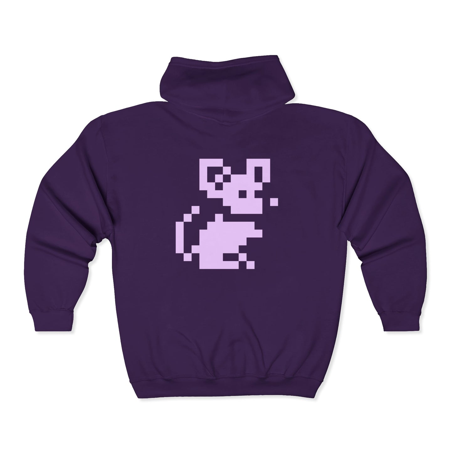 Back of purple Pixel Mouse Zip Hoodie with white pixel mouse graphic.