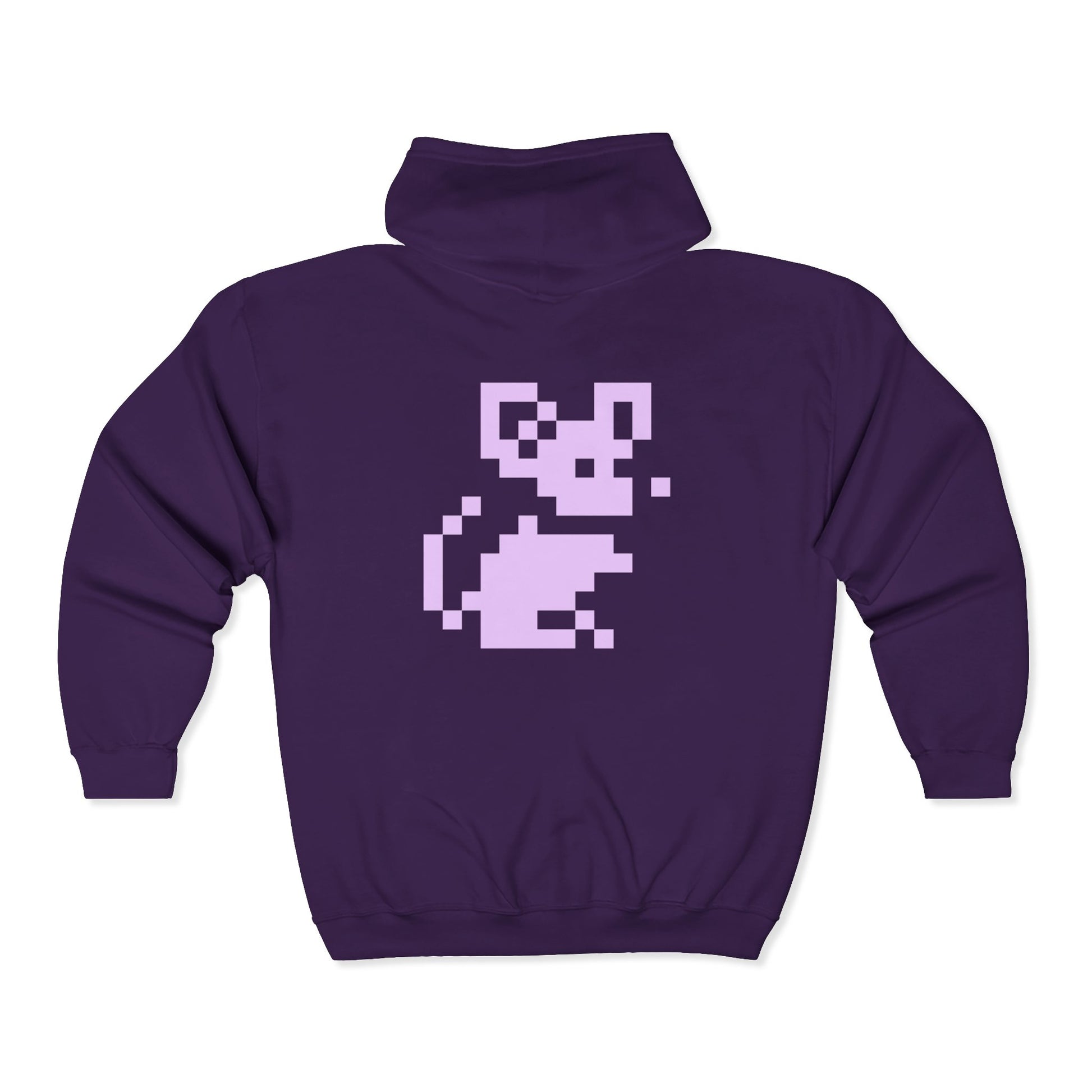 Back of purple Pixel Mouse Zip Hoodie with white pixel mouse graphic.
