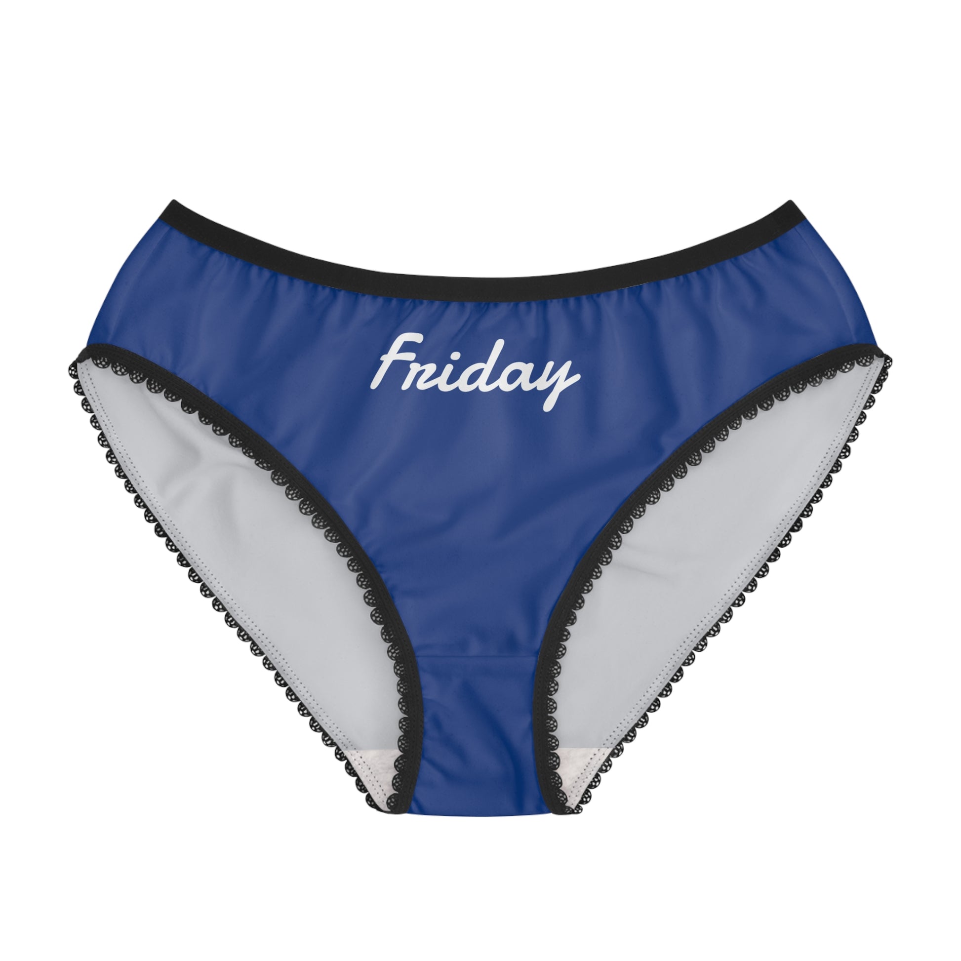 Blue underwear with 'Friday' text on a white background