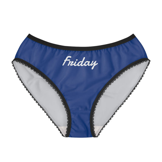 Blue underwear with 'Friday' text on a white background