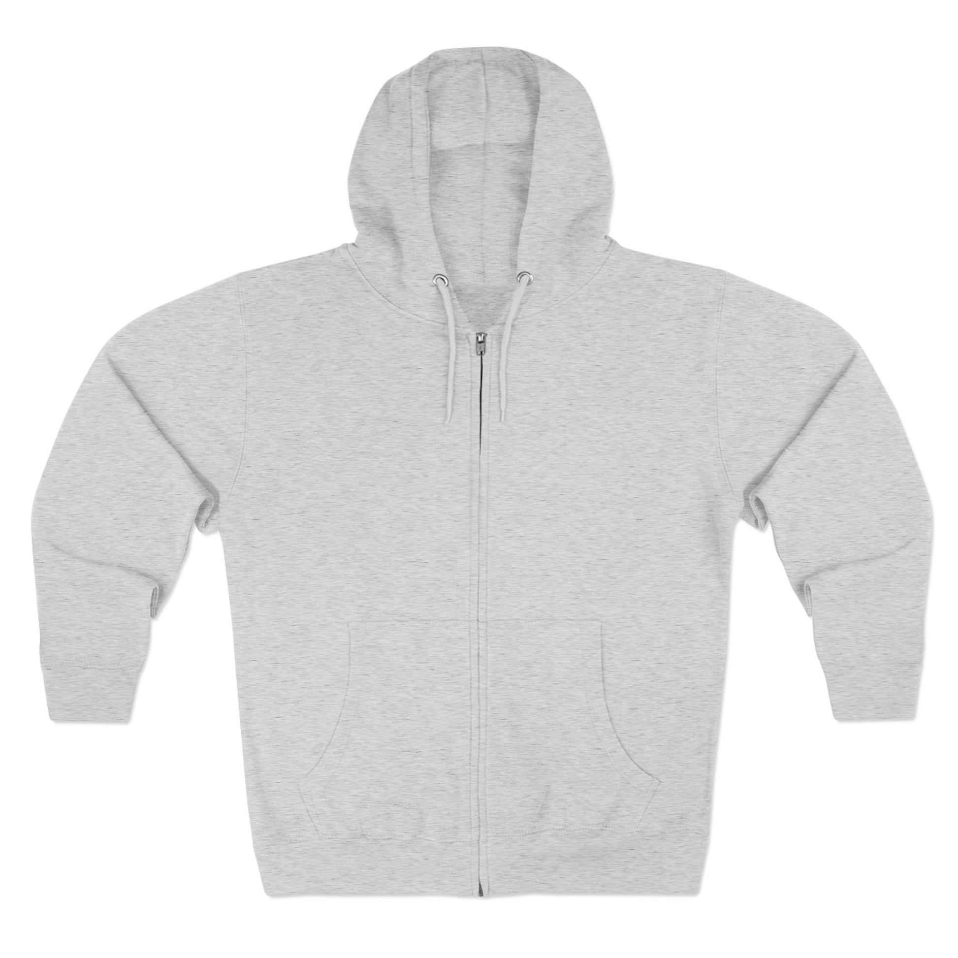 Front view of gray Reasonable Doubt unisex zip hoodie showing full zip and hood.