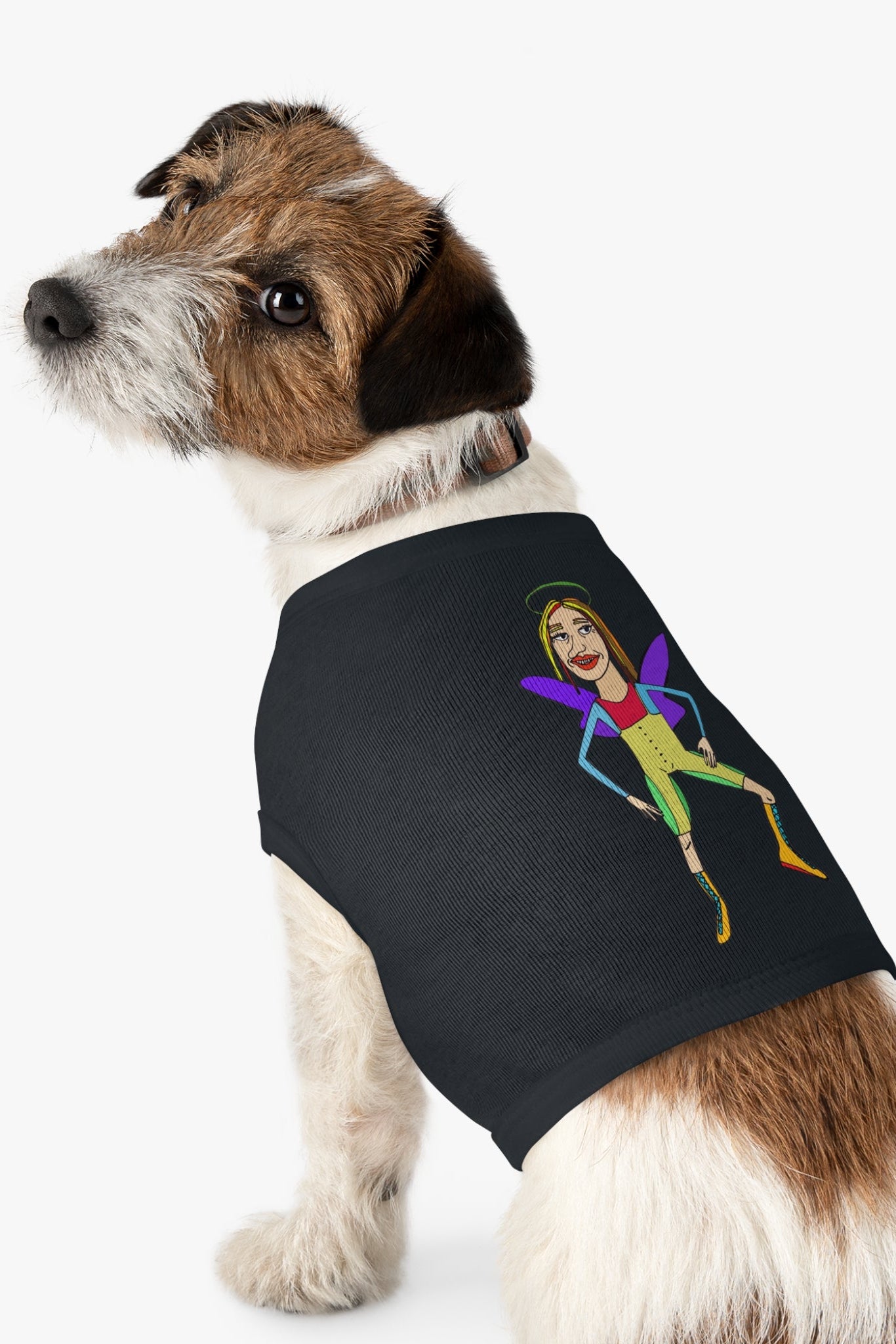 Dog wearing black angelic fairy graphic pet tank top standing side profile