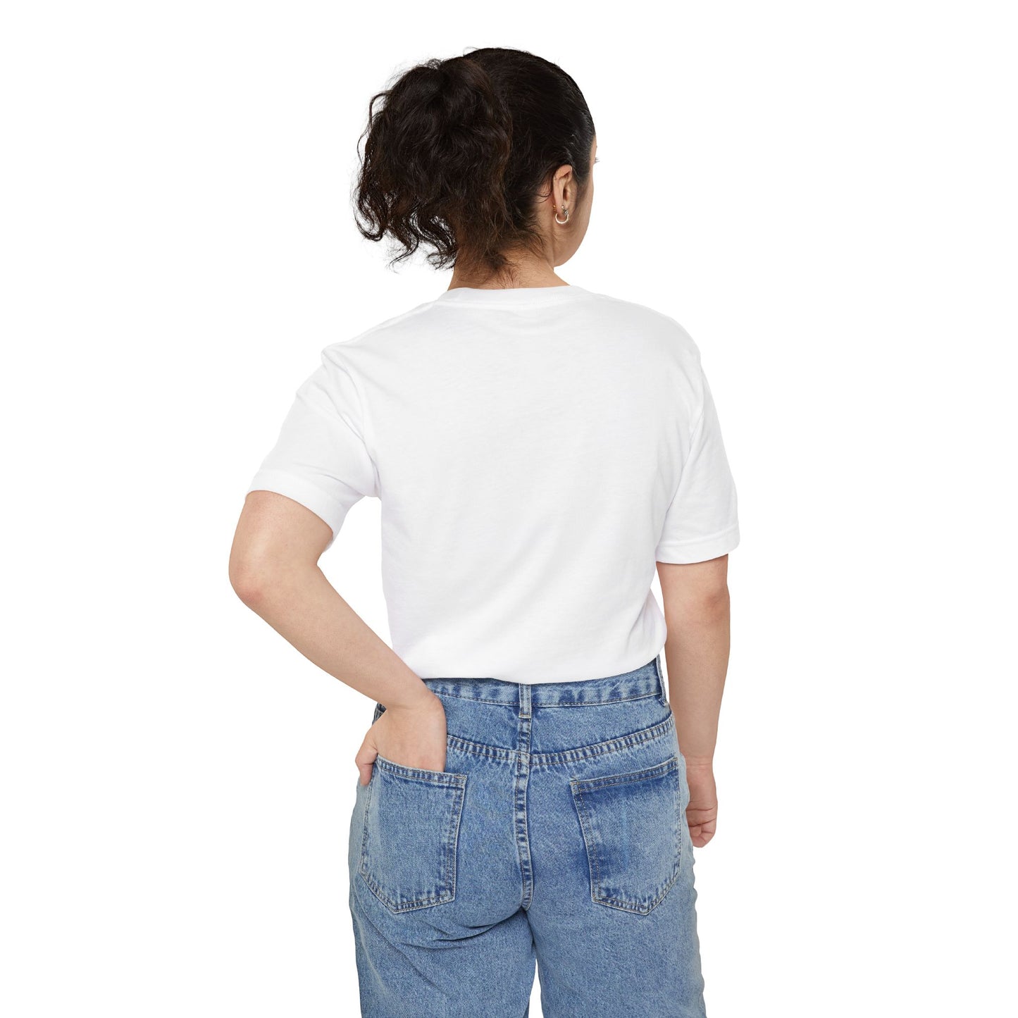 Woman turned showing back of Proudly Introverted Pocket T-Shirt