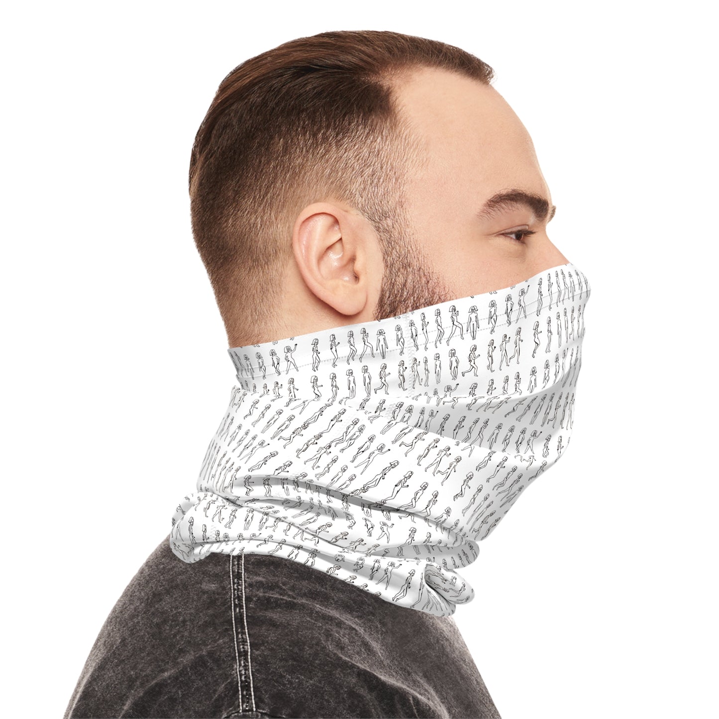 Man wearing a patterned neck gaiter on a white background