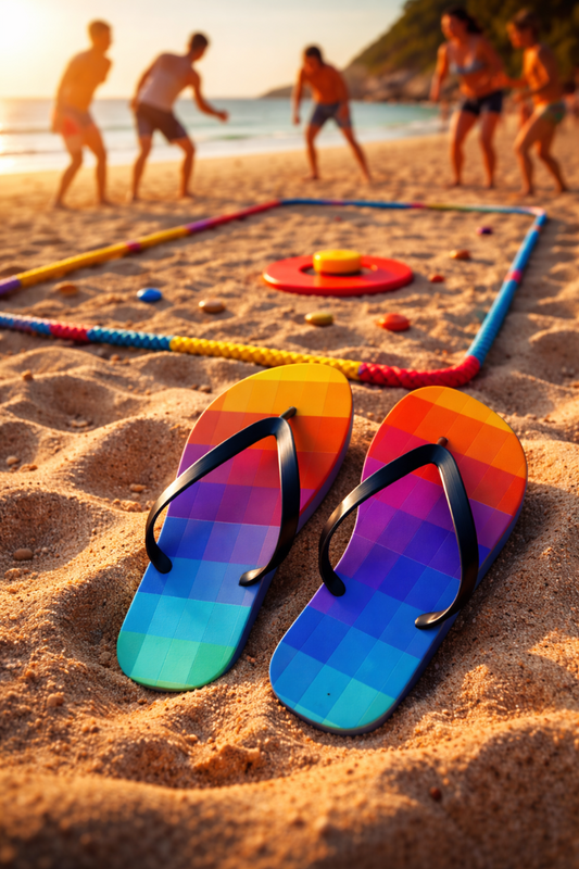 8-bit rainbow flip flops in sand beside beach tejo game field colorful pixel art summer sandals