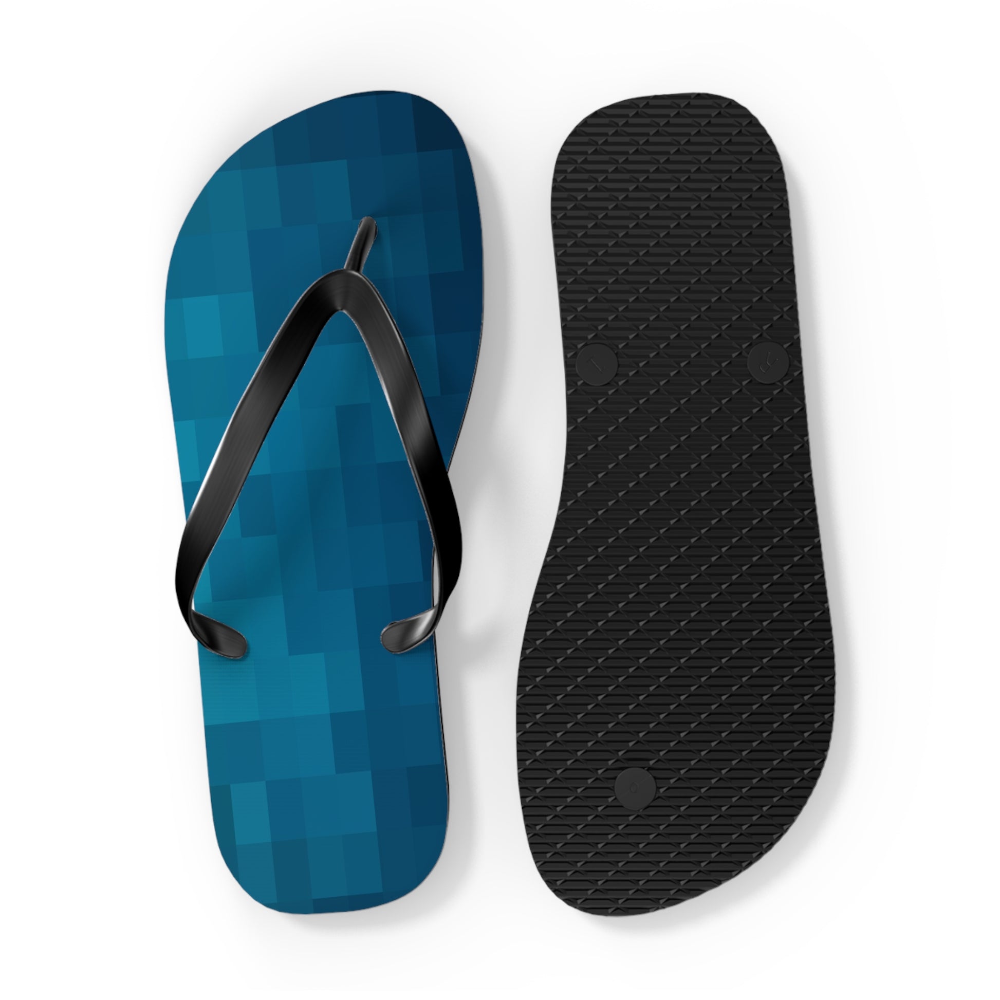 Blue 8-bit inspired flip flops featuring textured black rubber sole and pixel-art footbed
