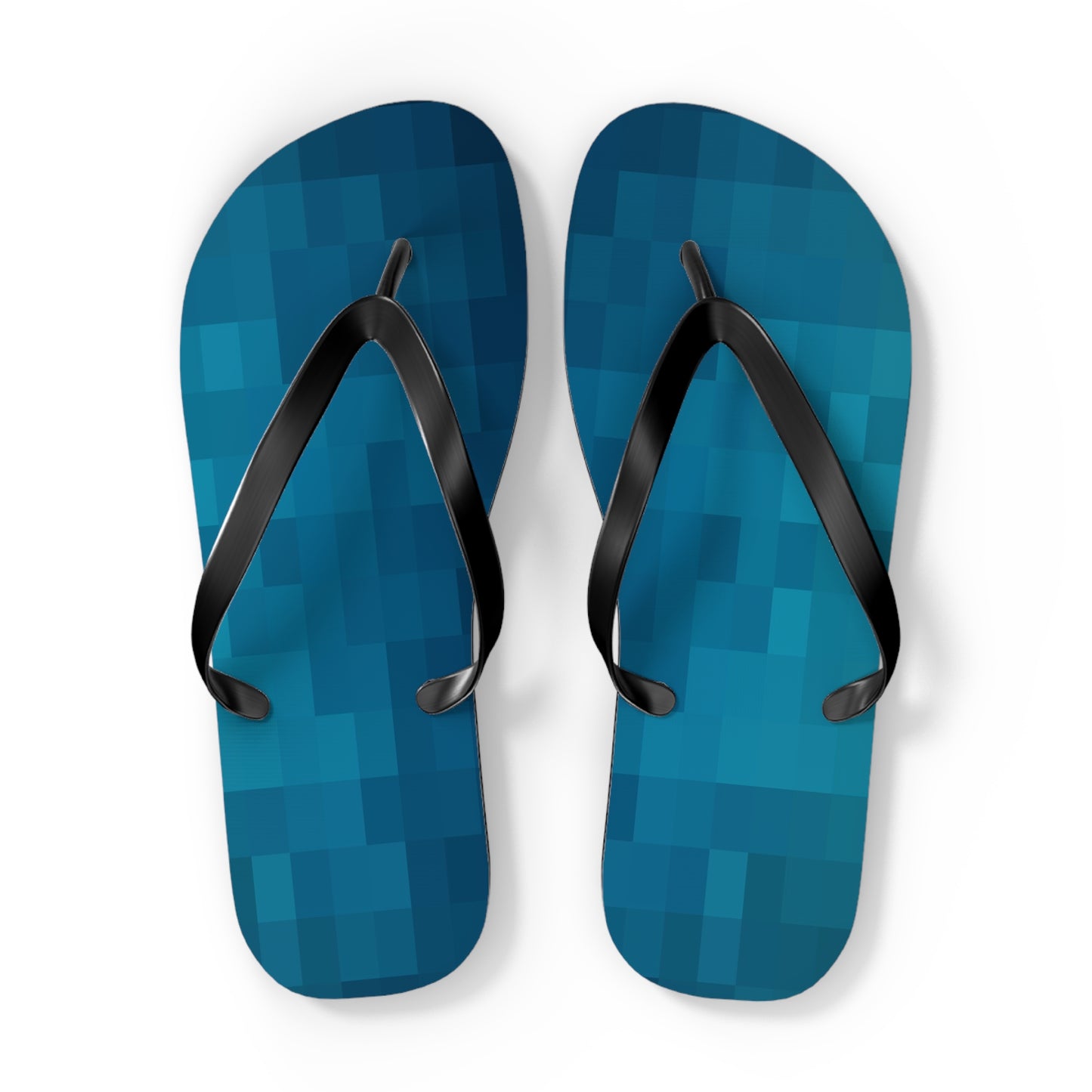 Front view of blue retro gaming flip flops with pixel gradient design and black straps