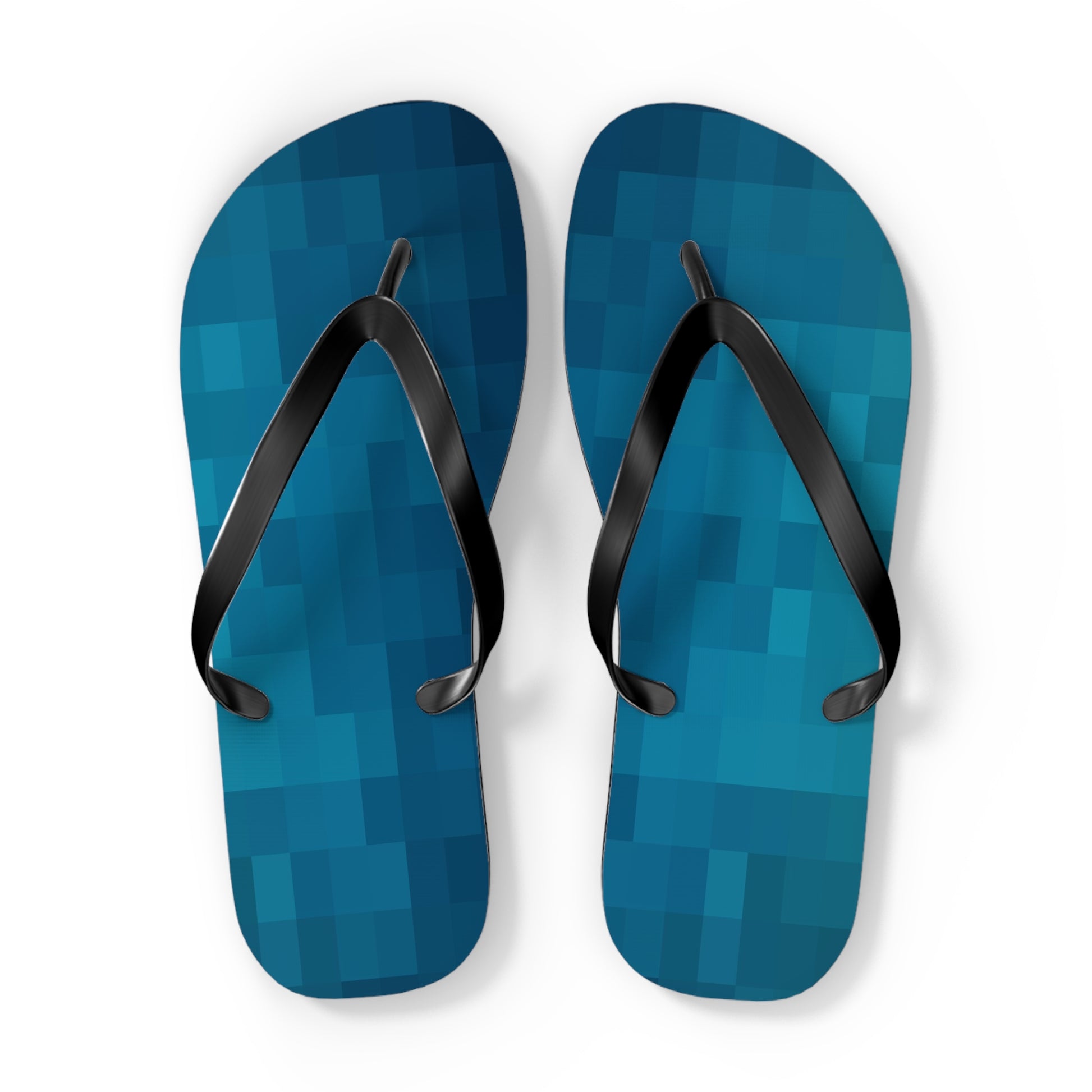 Front view of blue retro gaming flip flops with pixel gradient design and black straps
