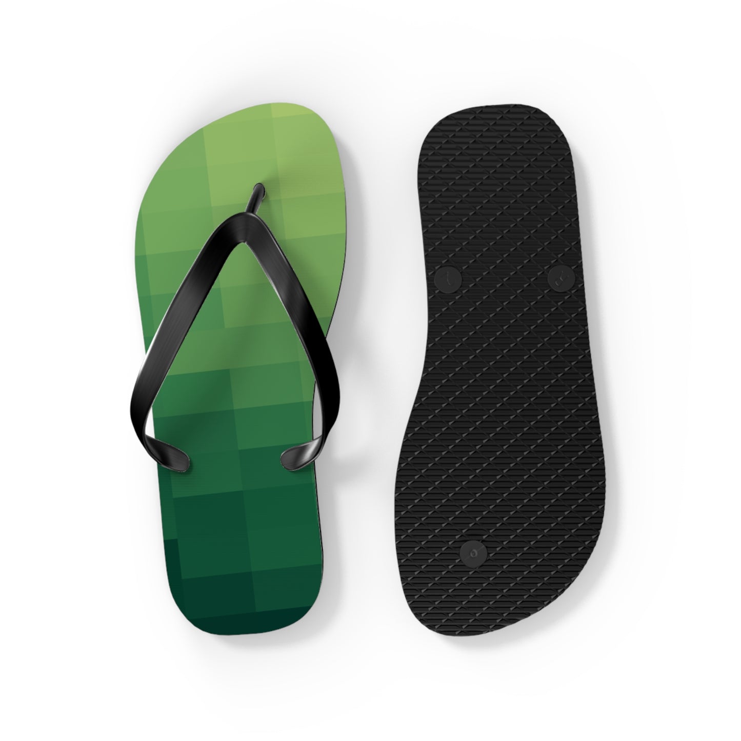 Retro green gaming flip flops featuring textured black rubber sole and pixel gradient footbed